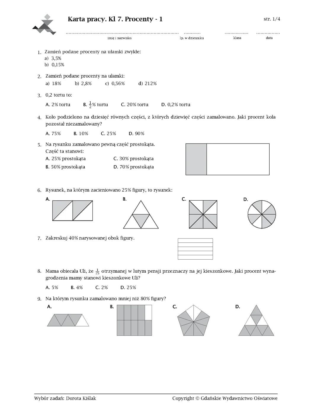 Sprawdzian- Procenty I ułamki klasa 7
