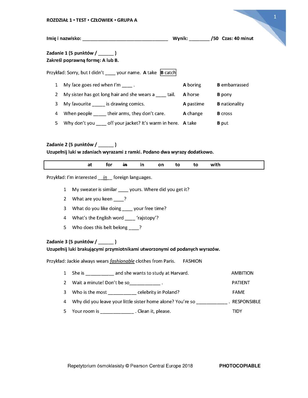 Sprawdzian- Angielski Człowiek klasa 8