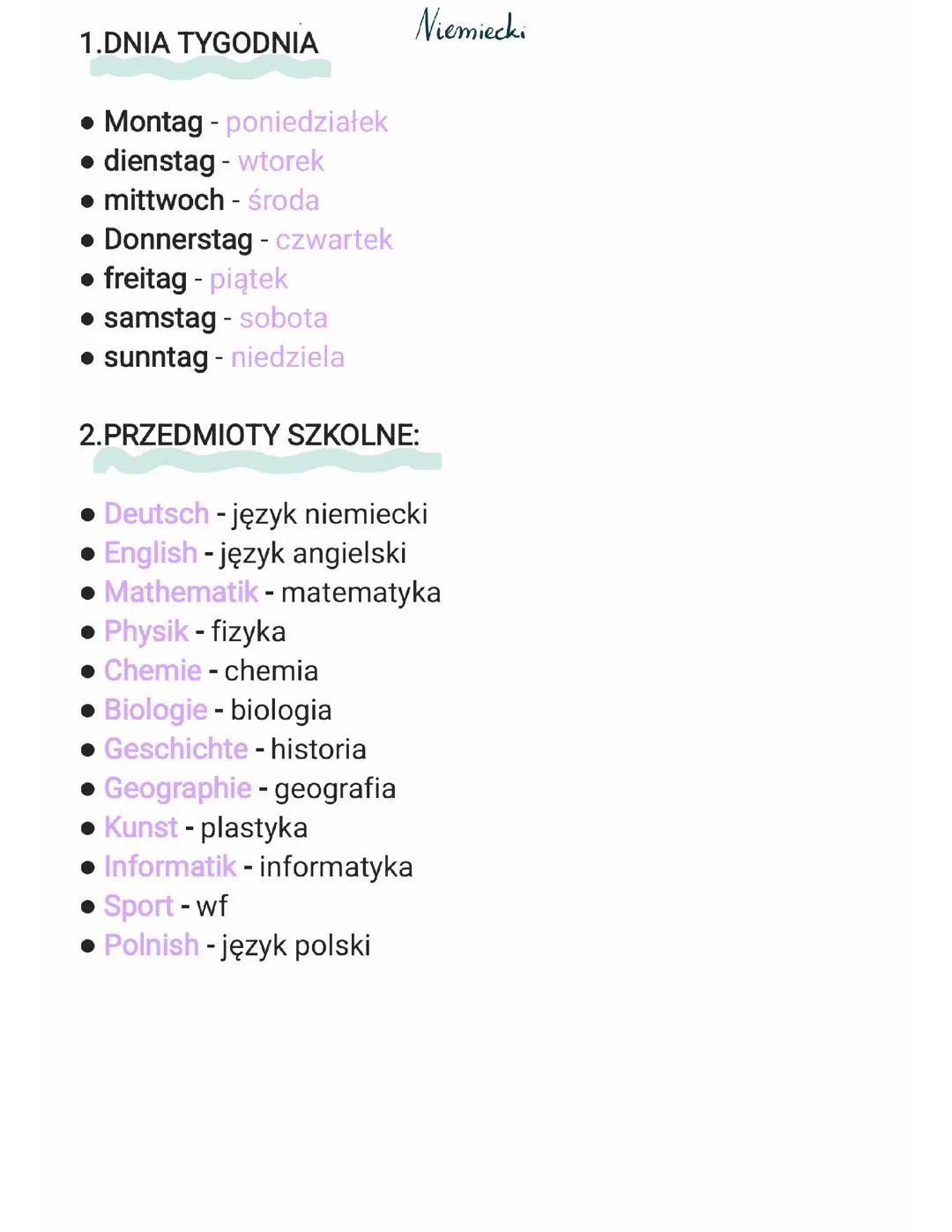 Dni tygodnia & przedmioty szkolne