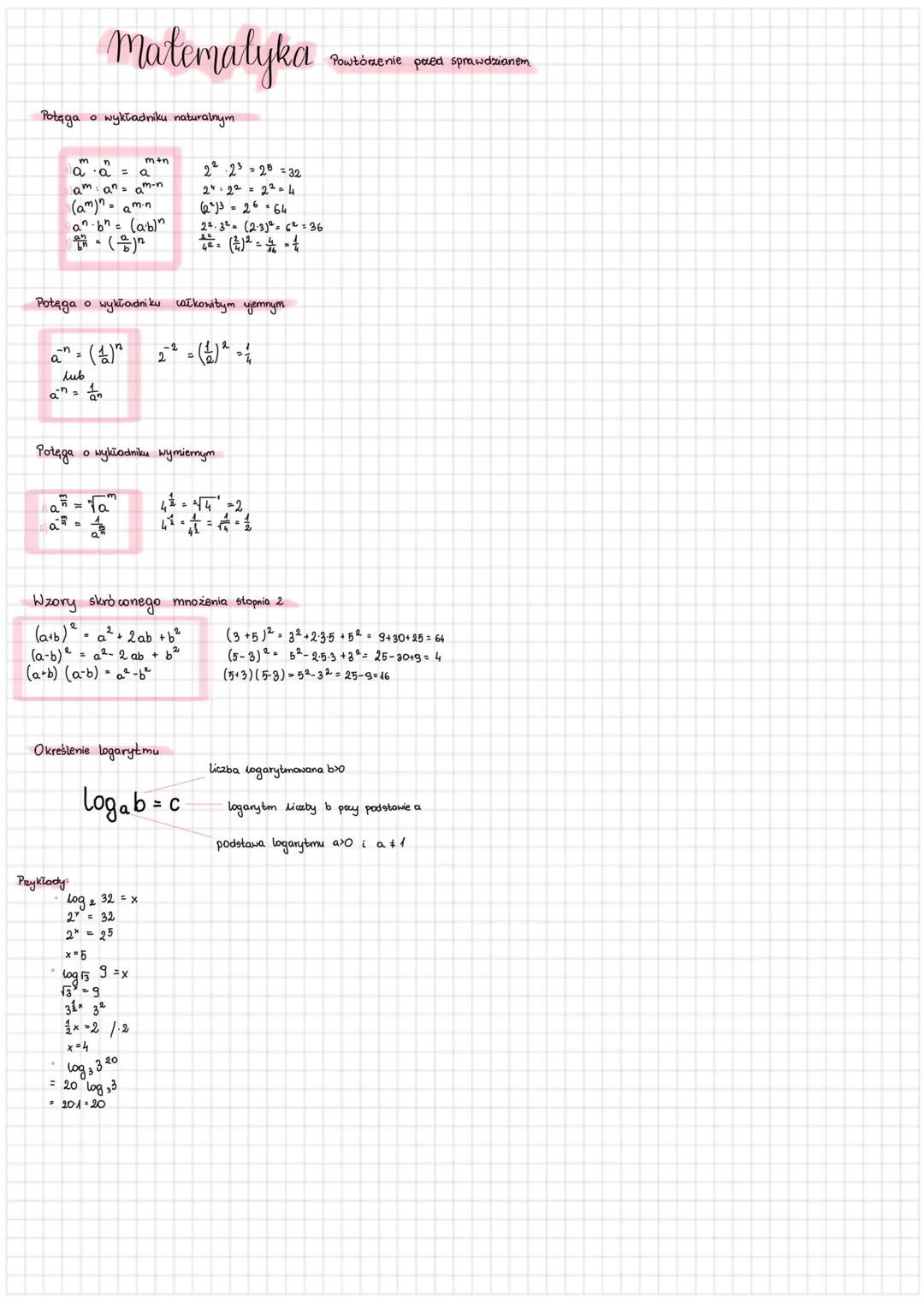# Matematyka Powtórzenie paed sprawdzianem
Potęga o wykładniku naturalnym
$a^m \cdot a^n = a^{m+n}$
$a^m : a^n = a^{m-n}$
$(a^m)^n = a^{