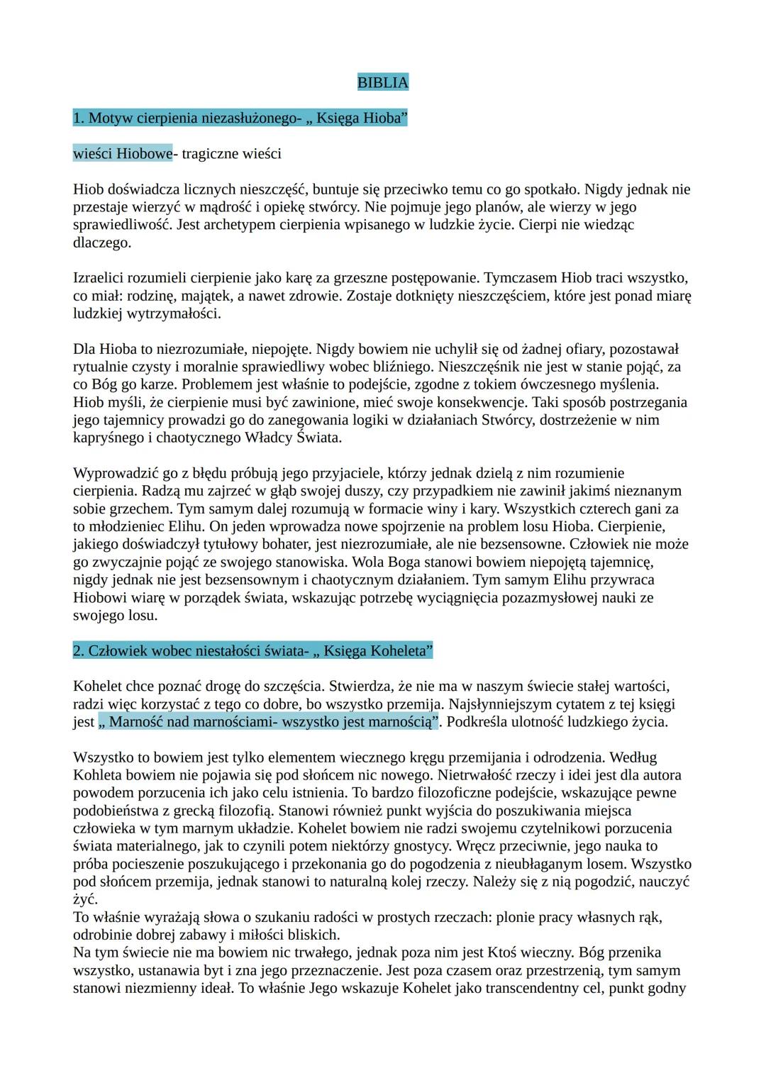BIBLIA
1. Motyw cierpienia niezasłużonego- „, Księga Hioba"
wieści Hiobowe- tragiczne wieści
وو
Hiob doświadcza licznych nieszczęść, buntuje
