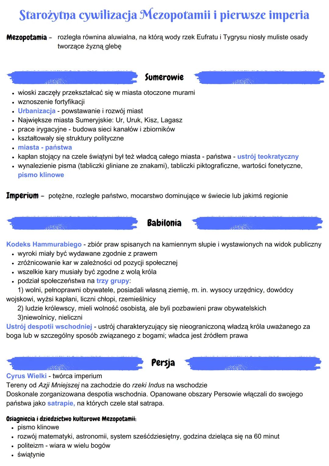 Starożytna cywilizacja Mezopotamii i pierwsze imperia
Mezopotamia rozległa równina aluwialna, na którą wody rzek Eufratu i Tygrysu niosły mu