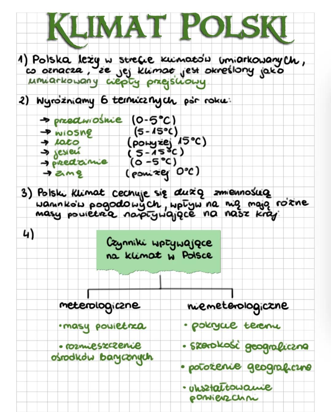 # KLIMAT POLSKI
1) Polska leży w strefie kumatów umiarkowanych,
co oznacza, że jej kumat jest określony jako
umiarkowany ciepty przyswowy