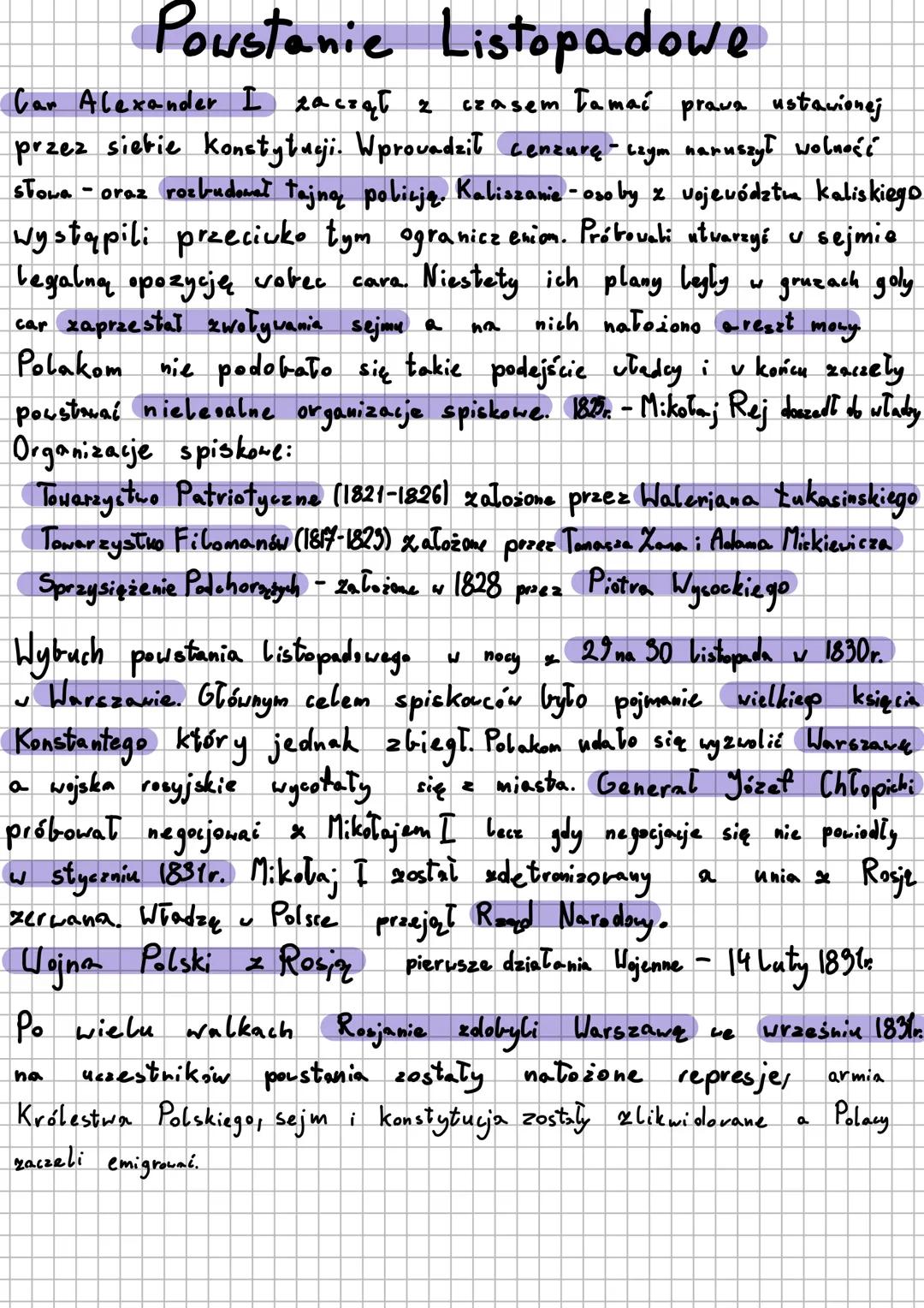 # Powstanie Listopadowe
Car Alexander I zaczął z czasem Tamać prava ustavionej
przez sietie Konstytucji. Wprowadził cenzurę czym naruszył w