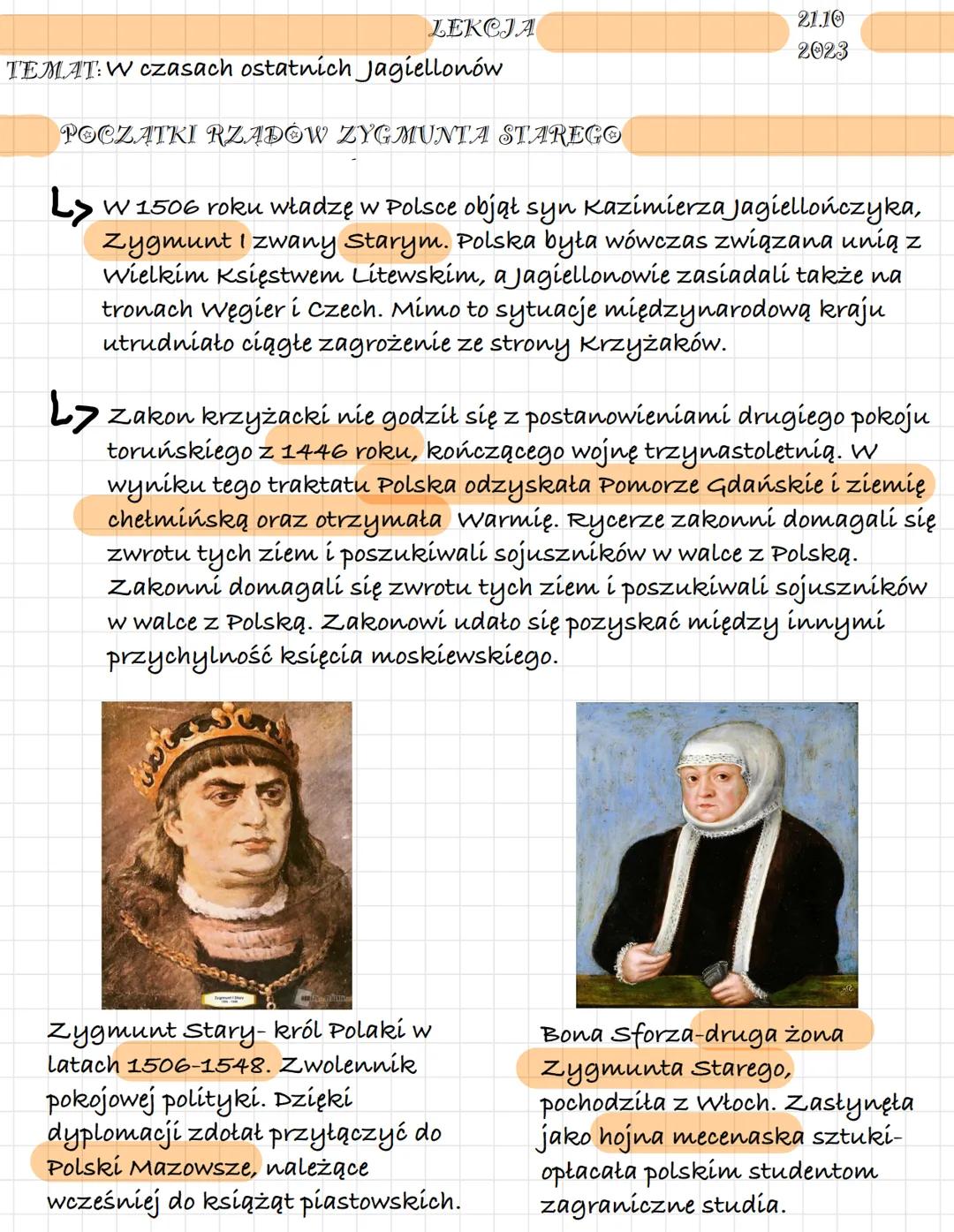 LEKCJA
21.10
2023
TEMAT: W czasach ostatních Jagiellonów
POCZĄTKI RZĄDÓW ZYGMUNTA STAREGO
↳ W 1506 roku władzę w Polsce objął syn Kazimier