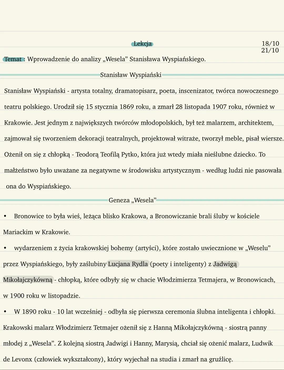 Lekcja
18/10
21/10
Temat: Wprowadzenie do analizy „Wesela" Stanisława Wyspiańskiego.
Stanisław Wyspiański
Stanisław Wyspiański - artysta