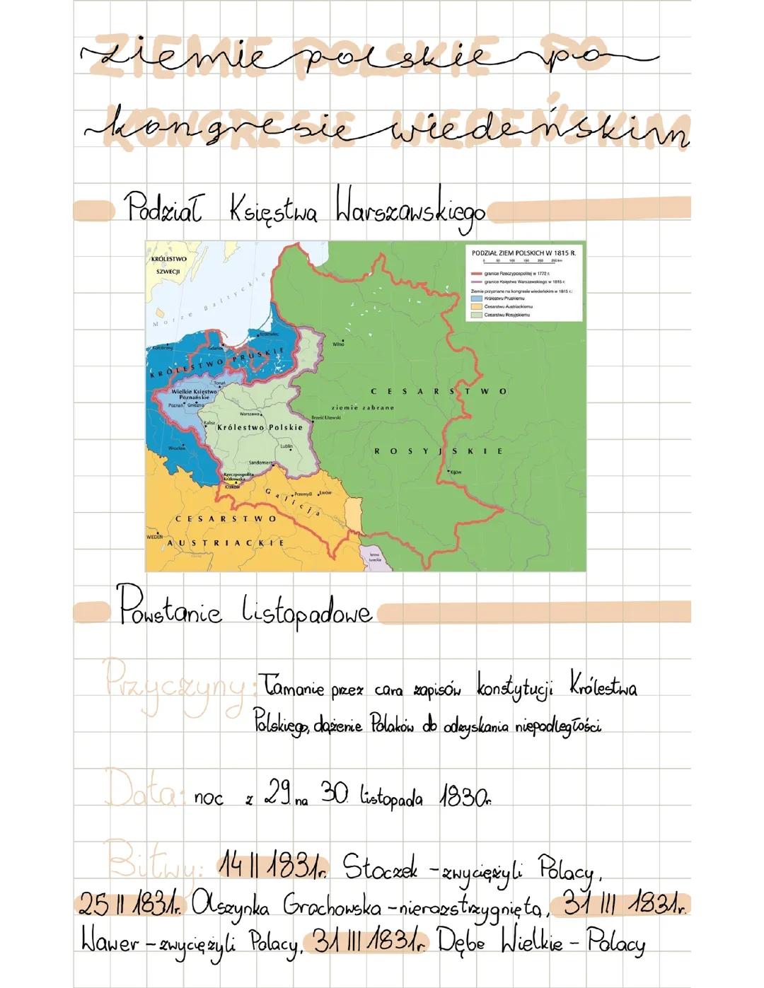 Ziemie polskie po kongresie wiedeńskim, klasa 7- krótka notatka