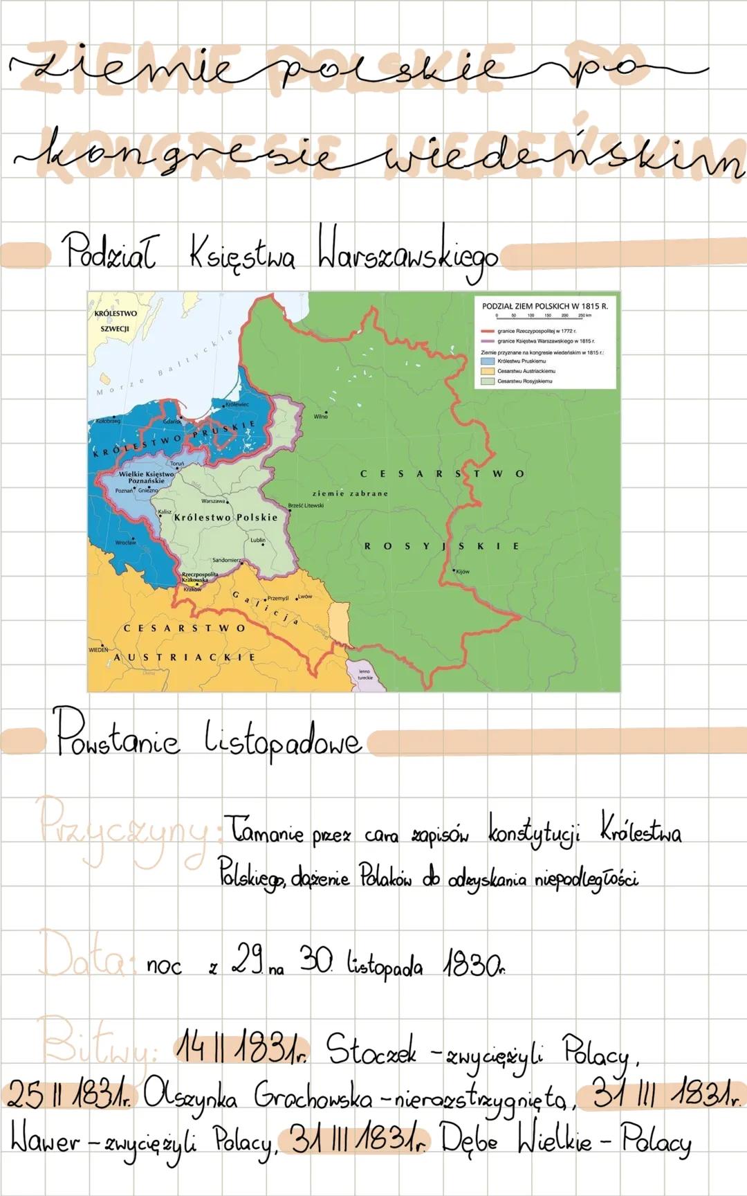 ziemie polskie
kongresie wiedeńskim
Podział Księstwa Warszawskiego
KRÓLESTWO
SZWECJI
Morze
Baltycki
PODZIAŁ ZIEM POLSKICH W 1815 R.
50
100 1