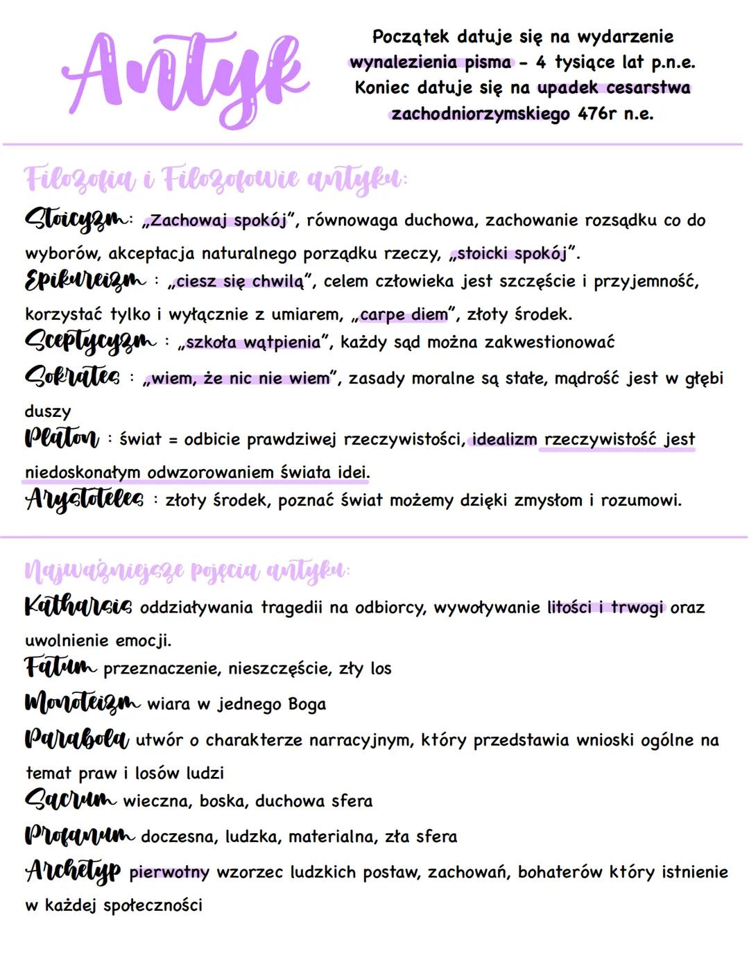 Antyk
Początek datuje się na wydarzenie
wynalezienia pisma - 4 tysiące lat p.n.e.
Koniec datuje się na upadek cesarstwa
zachodniorzymskiego