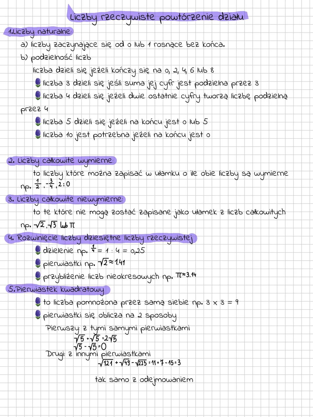 Liczby rzeczywiste powtórzenie działu
1.Liczby naturalne:
a) liczby zaczynające się od o lub 1 rosnące bez końca.
b) podzielność liczb
lic