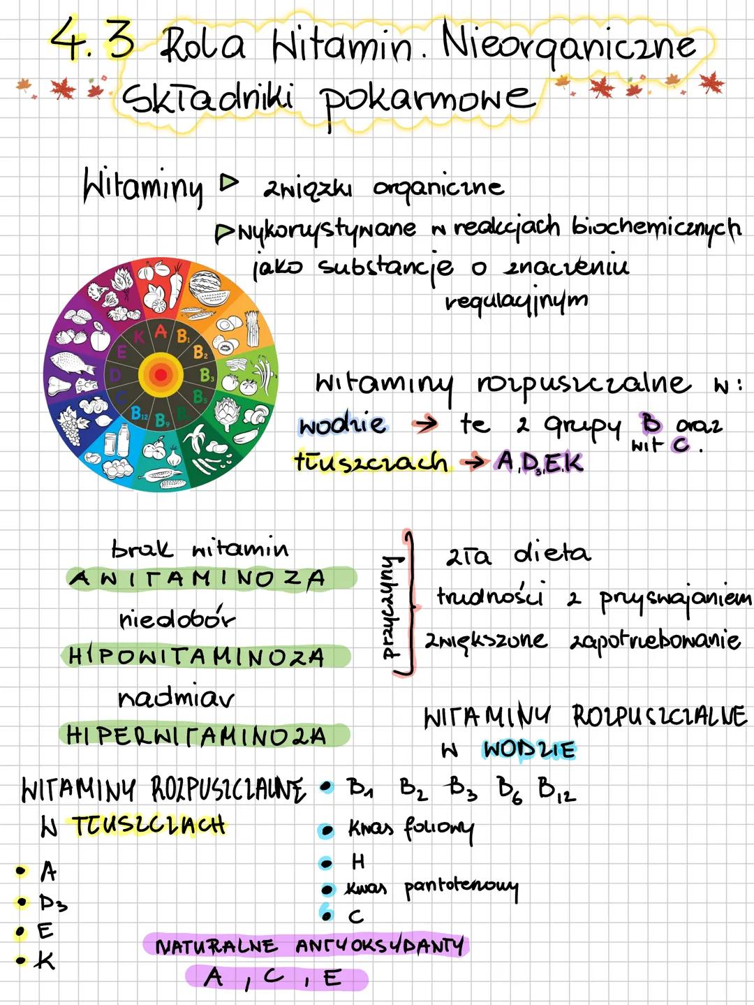 4.3 Rola Hitamin. Nieorqaniczne
** Składniki pokarmowe
Witaminy związki orqaniczne
▷Nykorzystywane w reakcjach biochemicznych
lako substancj