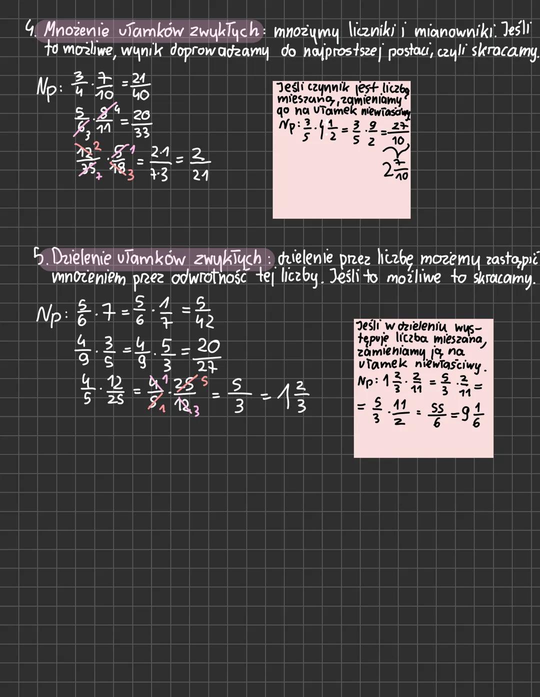 UŁAMKI
1. Dodawanie ułamków zwykłych :
a) O tych samych mianownikach dodajemy ich liczniki, a mianowniki
pozostawiamy bez zmian.
5+4
g
Np: 1