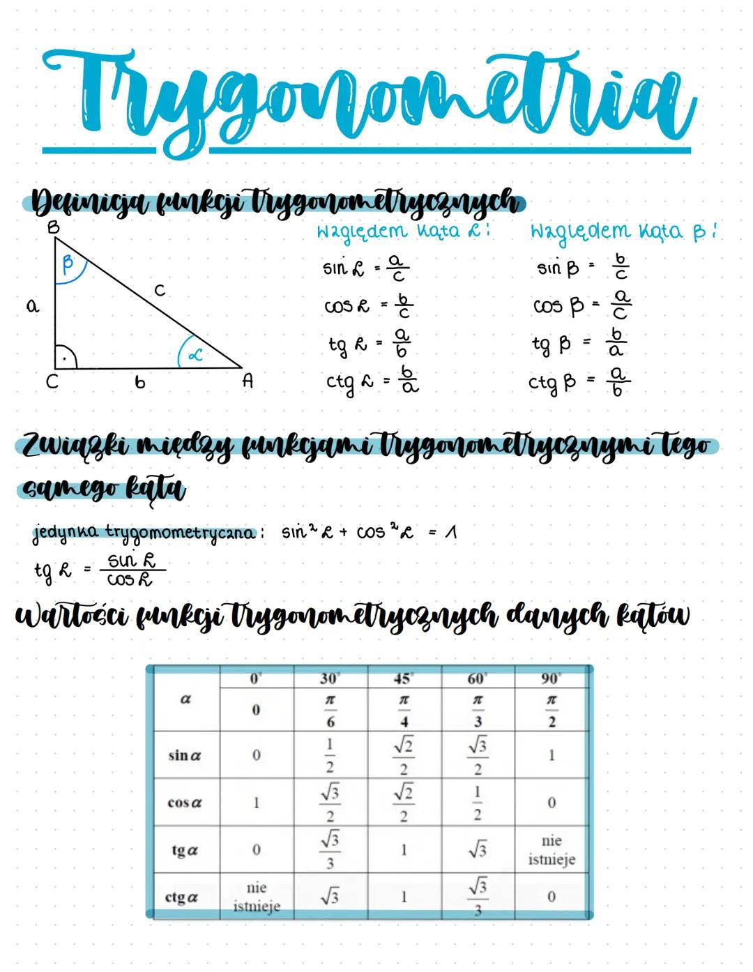 Trygonometria
Definicja funkcji trygonometrycznych
a
B
Waględem kąta :
Waględem Kota B:
Sin 2 = a
sin B = b
COS R = +
cos B = a
L
tg ka
=
to