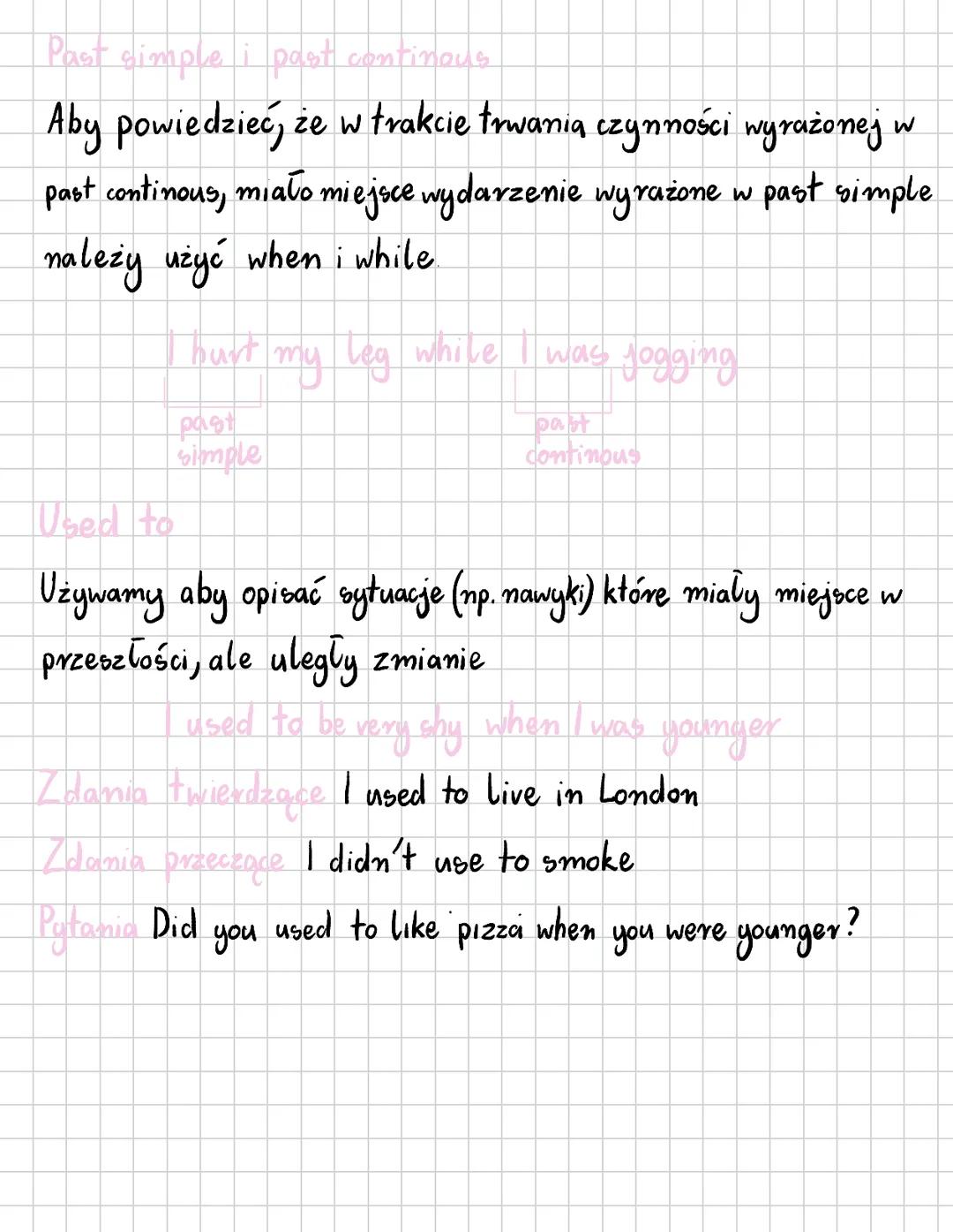 Past simple, continous, used to
Past simple
opisuje czynności i zdarzenia zakończone w przeszłości
wyrażenia charakterystyczne: yesterday