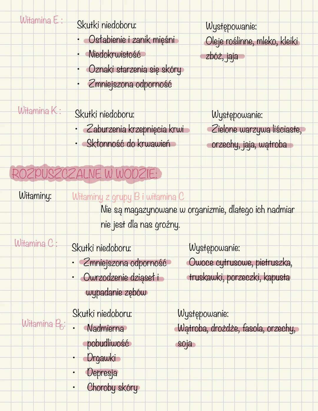 Witaminy, sole mineralne i
Witaminy
woda
Witaminy to związki, które musza być dostarczane z pożywieniem, ponieważ nasz
organizm w większości