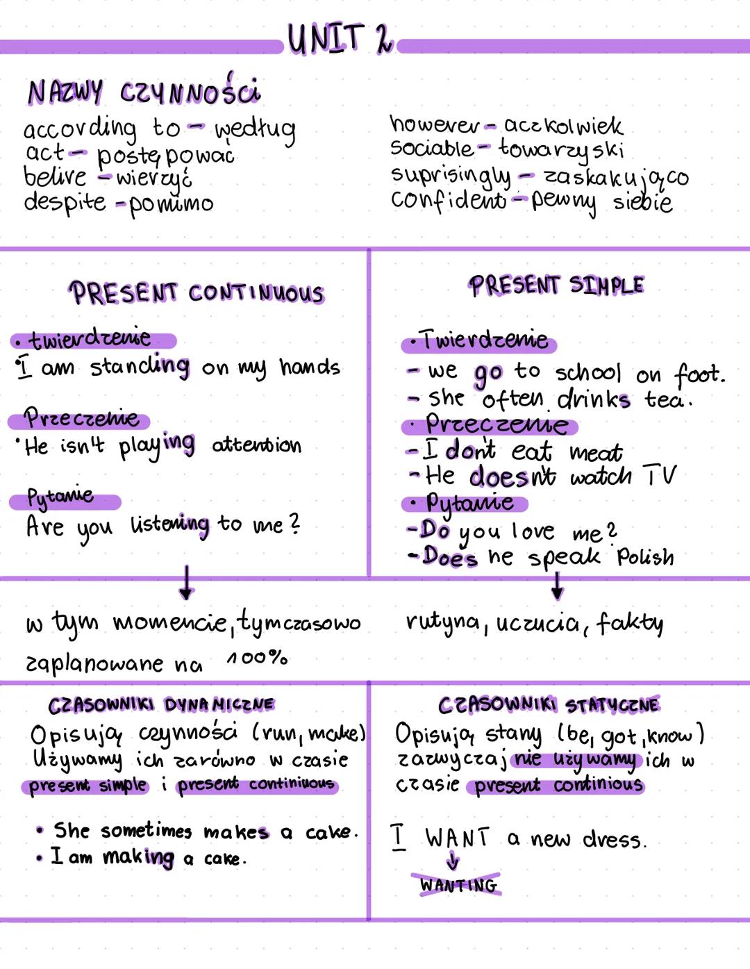 UNIT 2
NAZWY CZYNNOŚCI
according to według
act-postępować
belive - wierzyć
despite -pomimo
however aczkolwiek
Sociable- towarzyski
suprisi