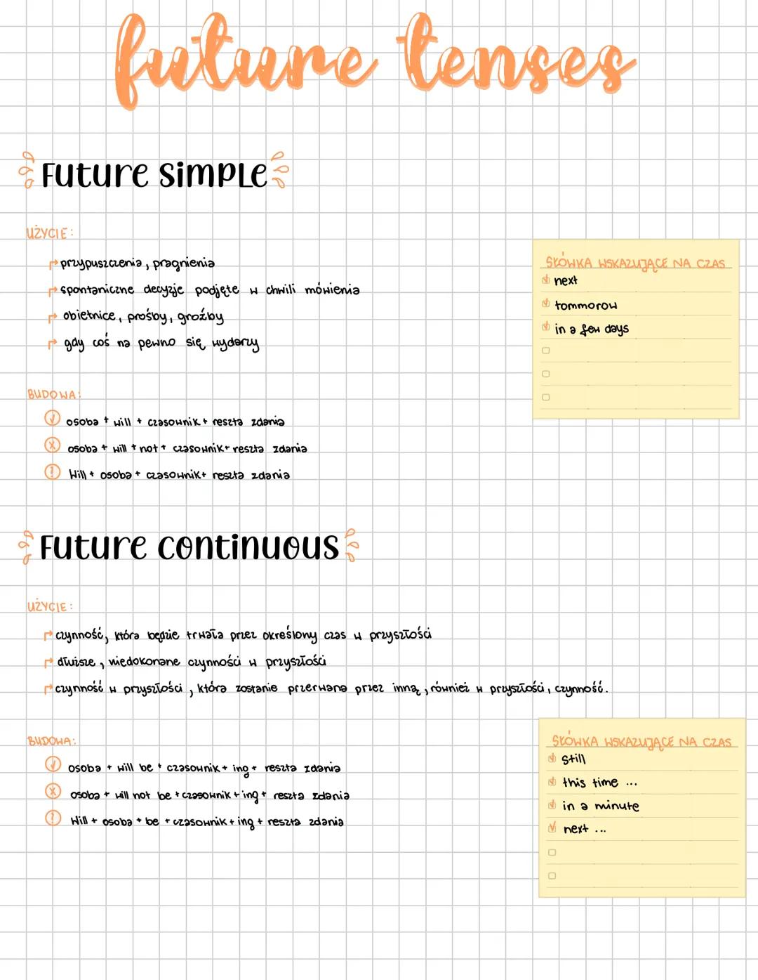 future tenses
• Future simple
UŻYCIE:
przypuszczenia, pragnienia
spontaniczne decyzje podjęte w chwili mówienia.
obietnice, prośby, groźby
g