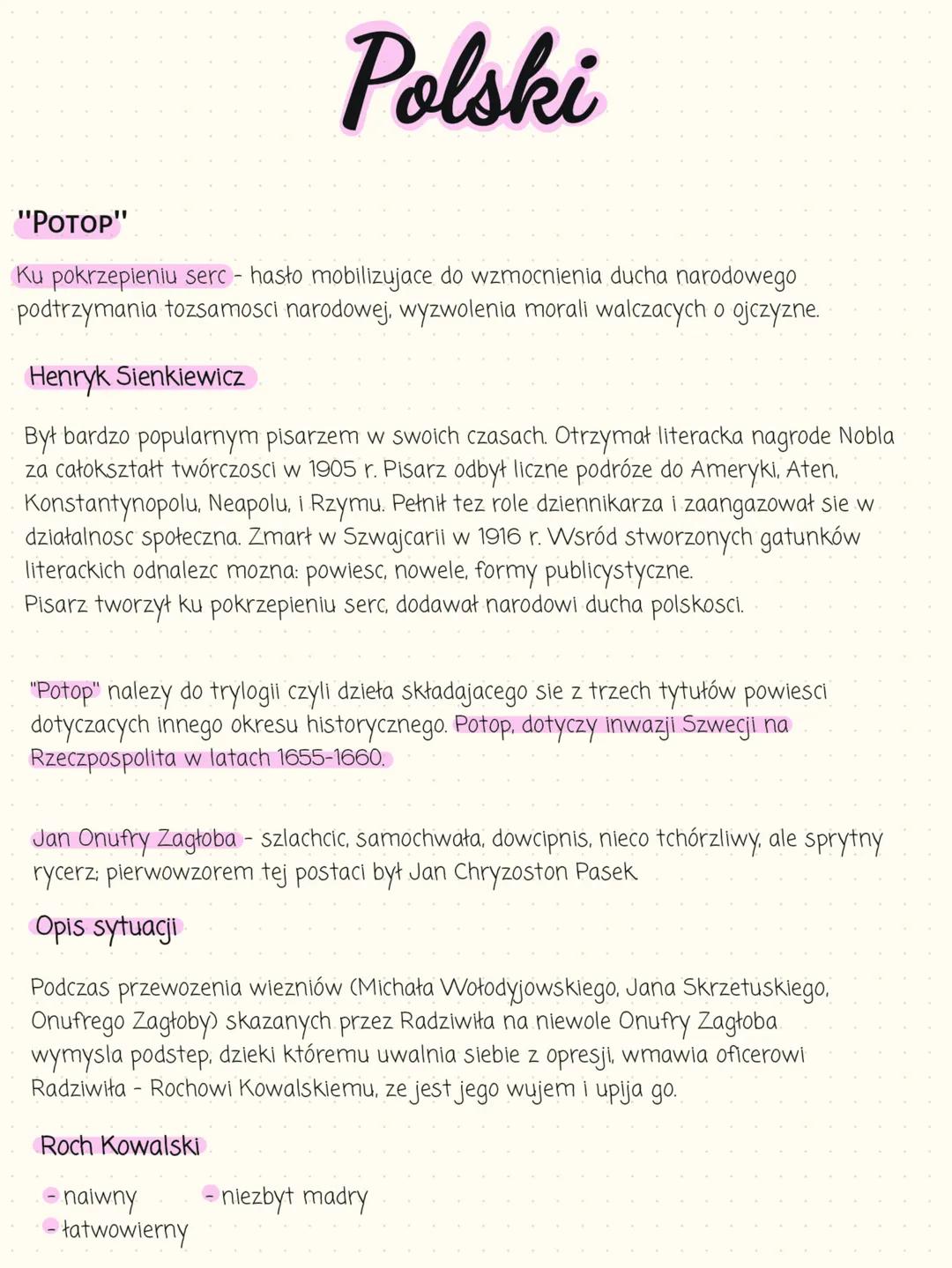 # Polski
"POTOP"
Ku pokrzepieniu serc - hasło mobilizujace do wzmocnienia ducha narodowego
podtrzymania tozsamosci narodowej, wyzwolenia m