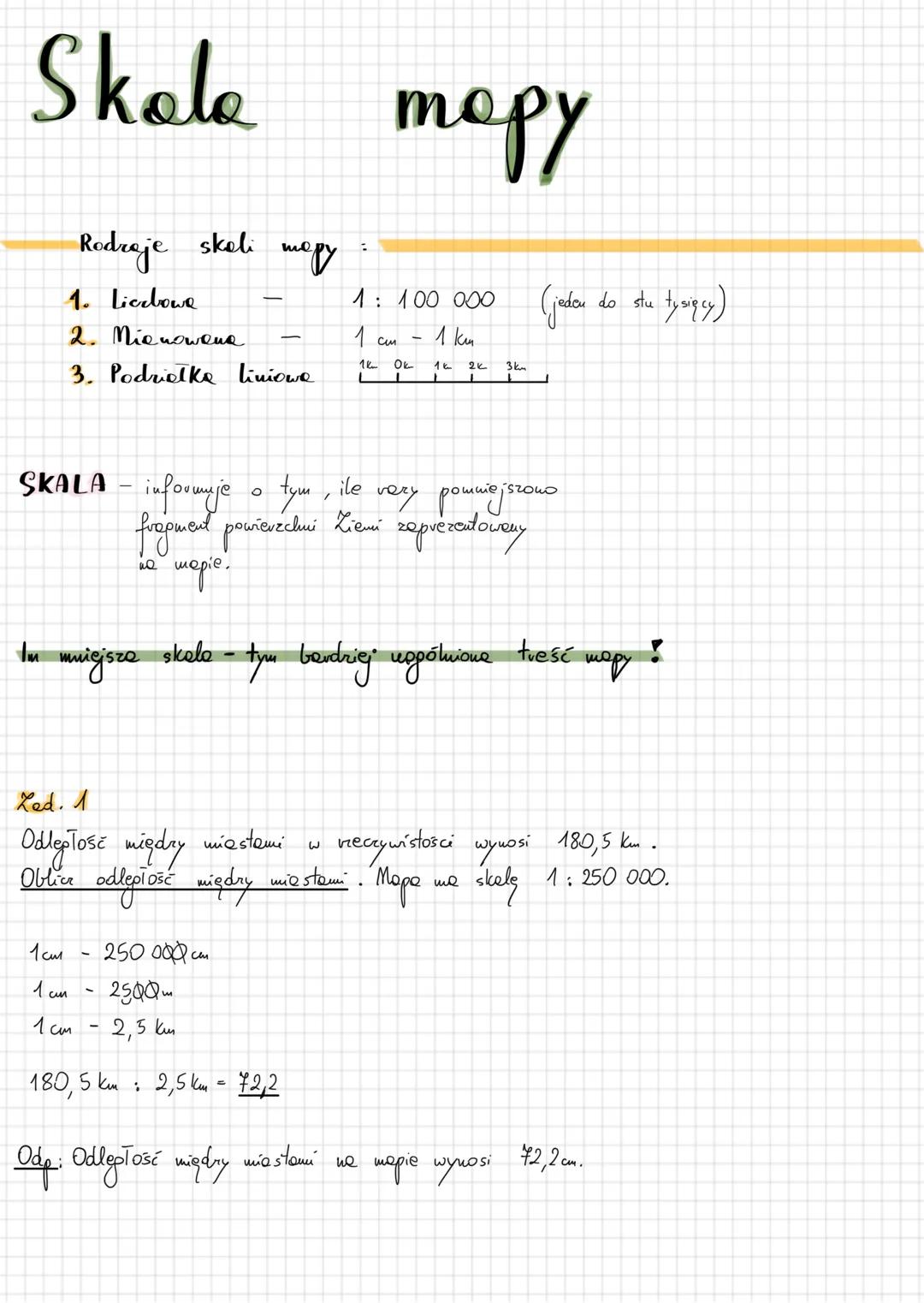 # Skole mapy
Rodzaje skali mapy
1. Liczbowe - 1:100 000 (jedan do stu tysięcy)
2. Mianowane - 1 cm - 1 km
3. Podriolke liniowe
SKALA - i