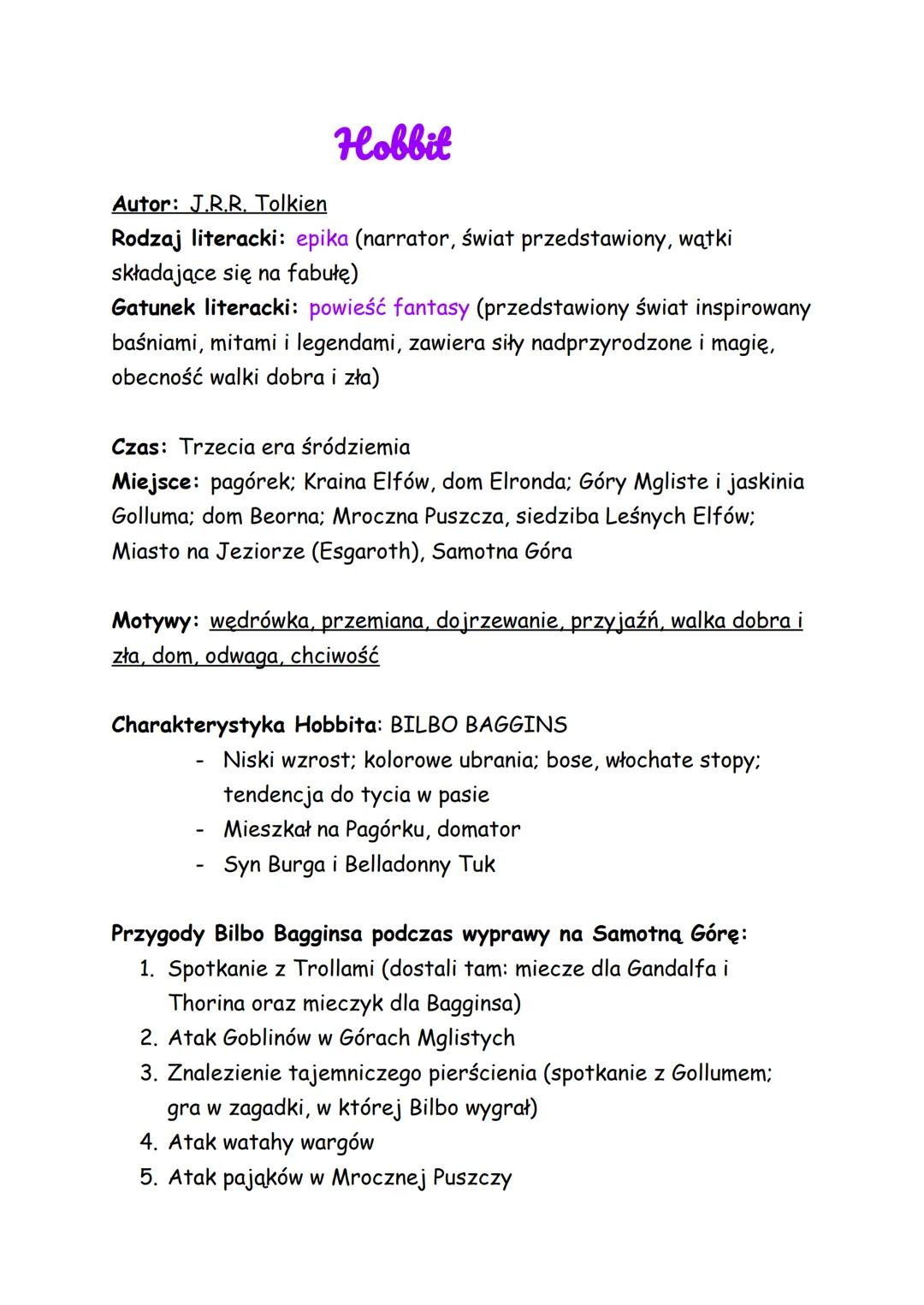 Autor: J.R.R. Tolkien
# Hobbit
Rodzaj literacki: epika (narrator, świat przedstawiony, wątki
składające się na fabułę)
Gatunek literacki: