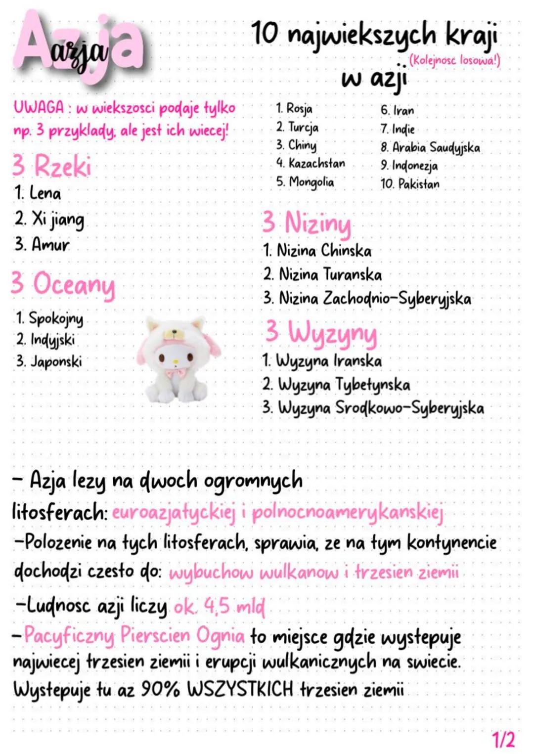 arja
UWAGA: w wiekszosci podaje tylko
np. 3 przyklady, ale jest ich wiecej!
3 Rzeki
1. Lena
2. Xi jiang
3. Amur
3 Oceany
1. Spokojny
2. Indy