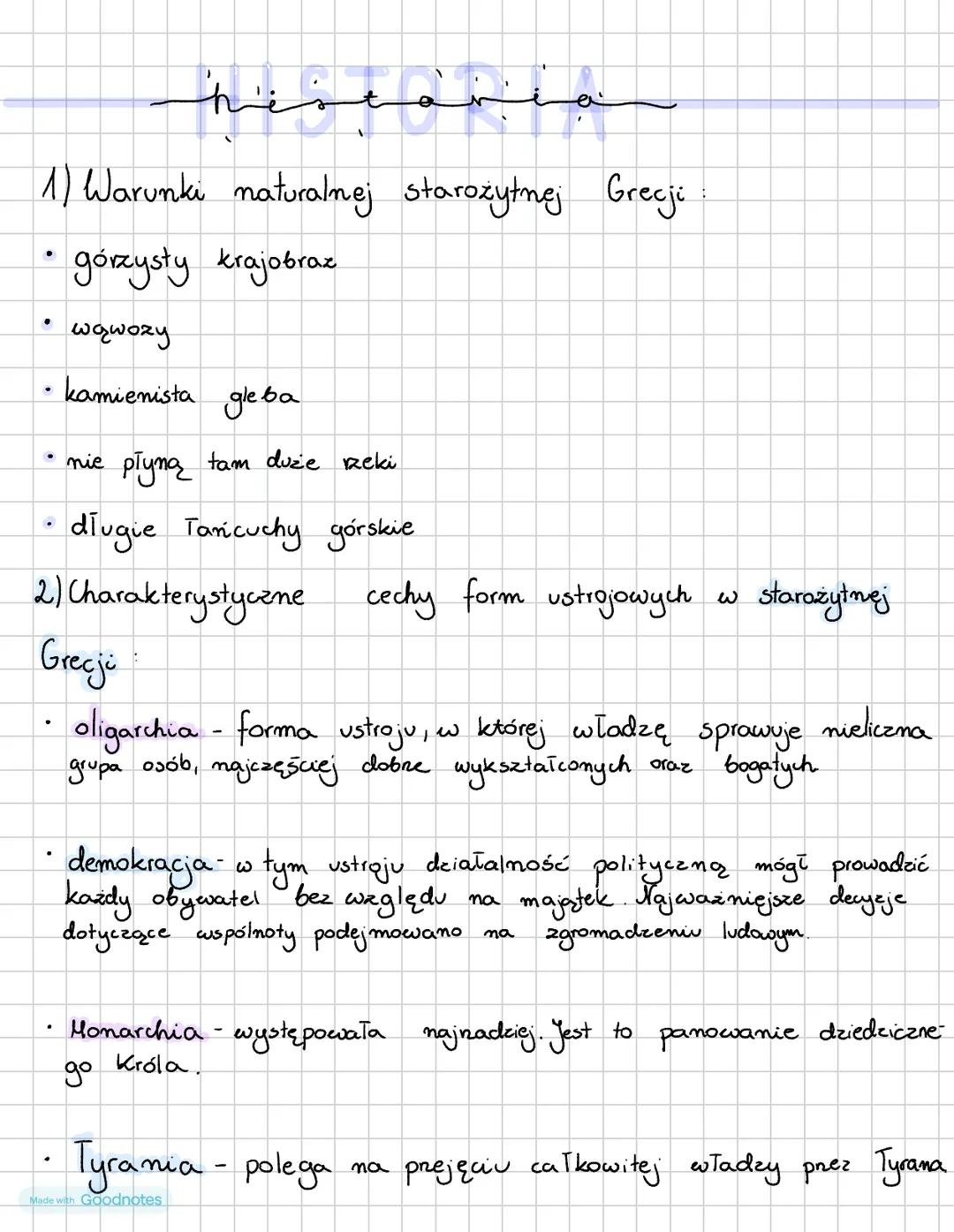 # historia
1) Warunki naturalnej starożytnej Grecji:
* górzysty krajobraz
* wąwozy
* kamienista gleba
* nie płyną tam duże rzeki
*