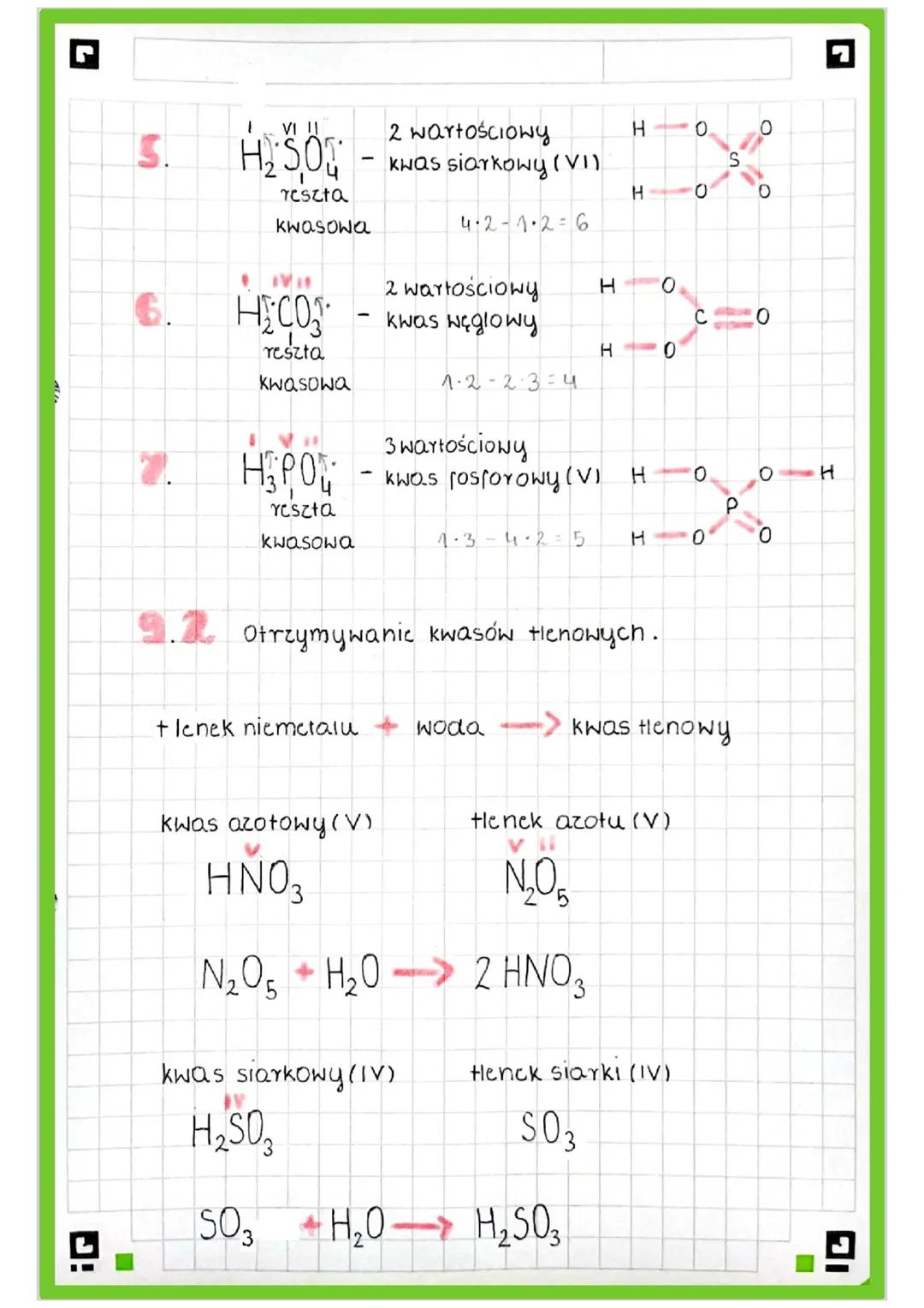 ◉
S
VI II
H₂SO
reszta
kwasowa
HECO₂
2 wartościowy
Kwas siarkowy (VI).
4·2-1.2=6
2 wartościowy
9.2
H
0
0
H
O
H
0
Kwas węglowy
reszta
H
0
Kwas