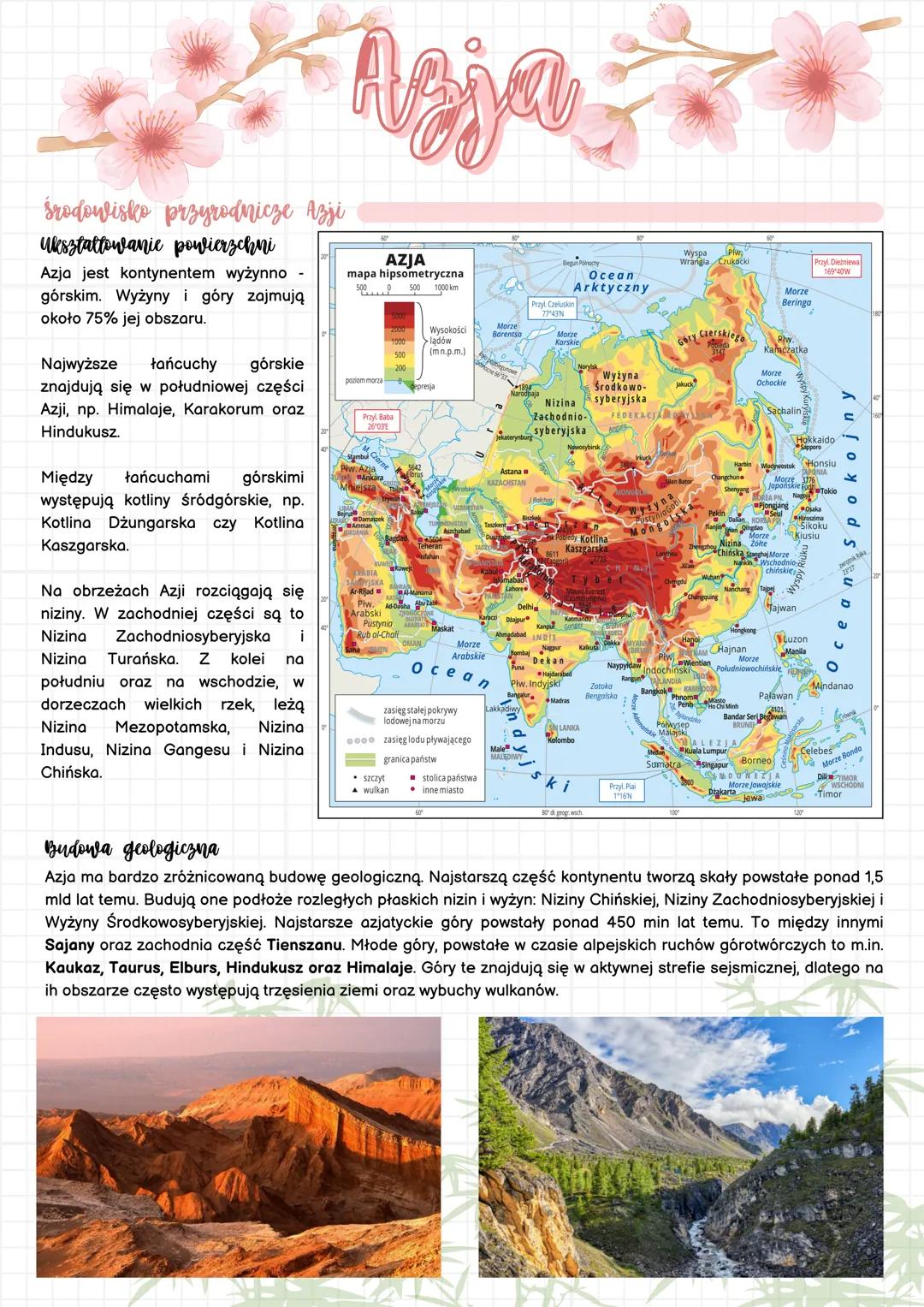 # Środowisko przyrodnicze Azji
## Ulkształtowanie powierzchni
Azja jest kontynentem wyżynno
górskim. Wyżyny i góry zajmują
około 75% jej o