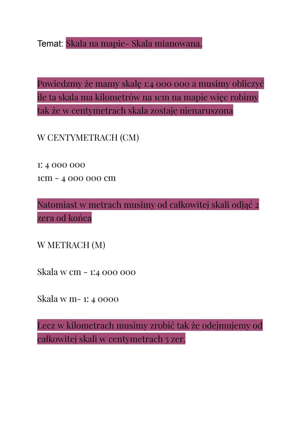 Temat: Skala na mapie- Skala mianowana.
Powiedzmy że mamy skalę 1:4 000 000 a musimy obliczyć
ile ta skala ma kilometrów na 1cm na mapie wi