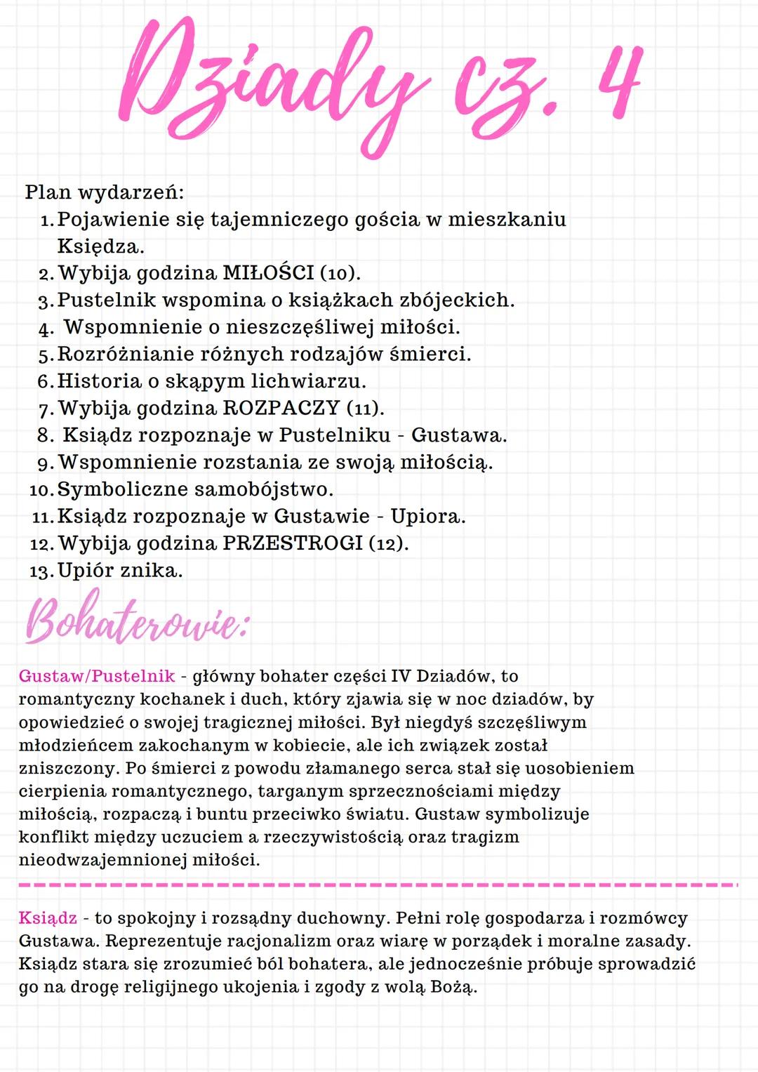 Dziady cz. 4
Plan wydarzeń:
1. Pojawienie się tajemniczego gościa w mieszkaniu
Księdza.
2. Wybija godzina MIŁOŚCI (10).
3. Pustelnik wspomin