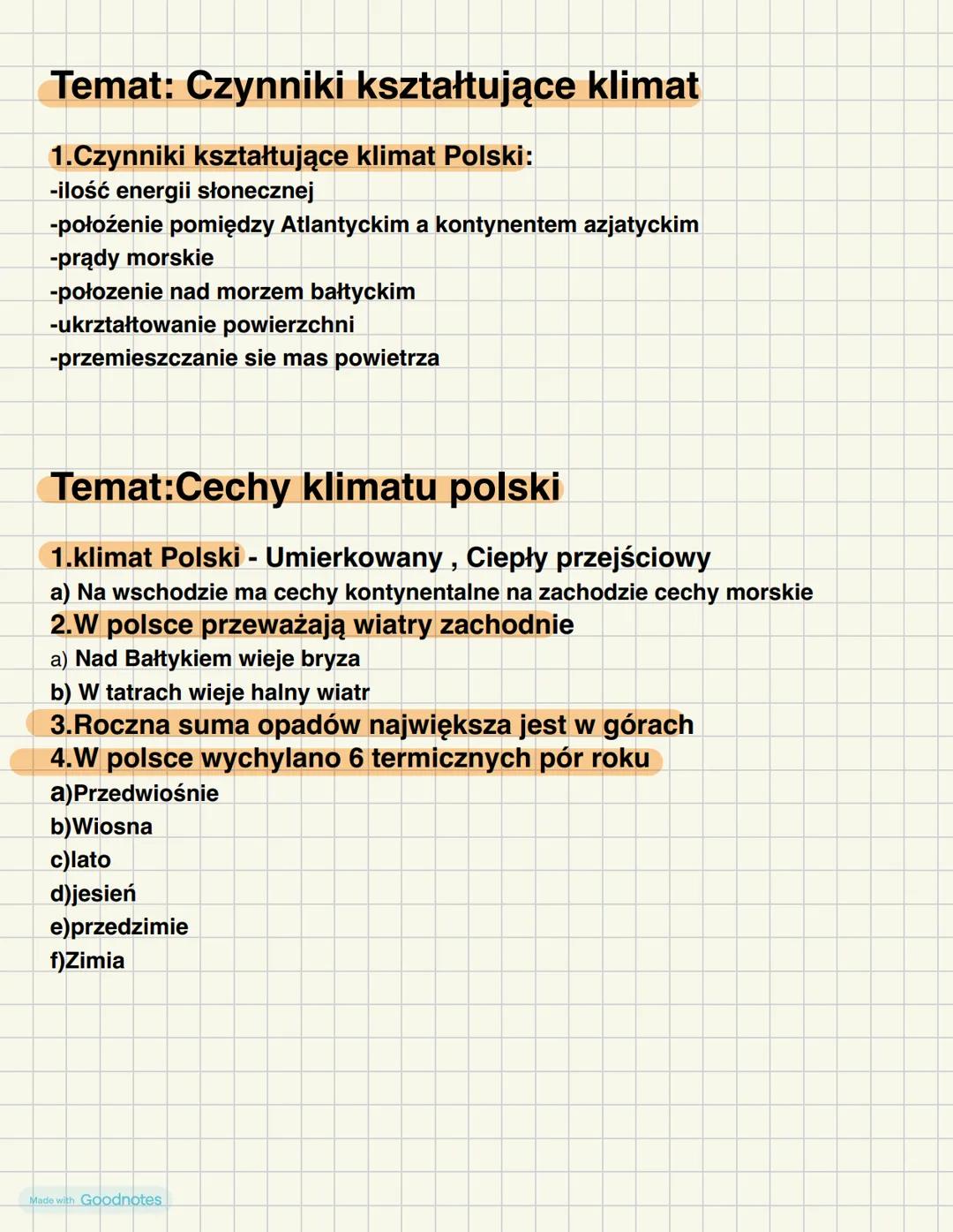 Temat: Czynniki kształtujące klimat
1.Czynniki kształtujące klimat Polski:
-ilość energii słonecznej
-położenie pomiędzy Atlantyckim a konty