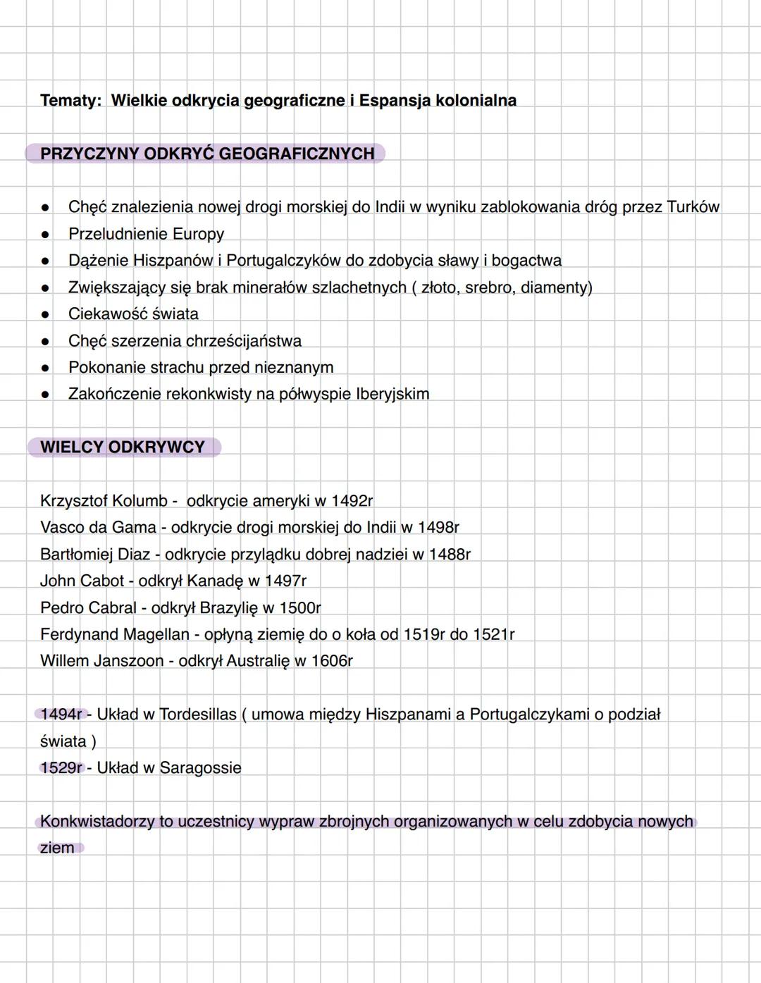 Tematy: Wielkie odkrycia geograficzne i Espansja kolonialna
PRZYCZYNY ODKRYĆ GEOGRAFICZNYCH
- Chęć znalezienia nowej drogi morskiej do Ind