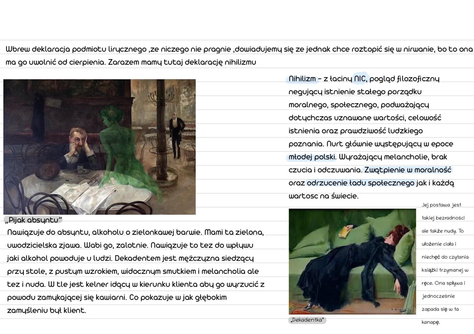 T: „Wiara w nie wiarę" - dekadentyzm, czyli zwątpienie i rozpacz.
Dekadentyzm - charakterystyczna dla przełomu XIX i XX w postawą światopog