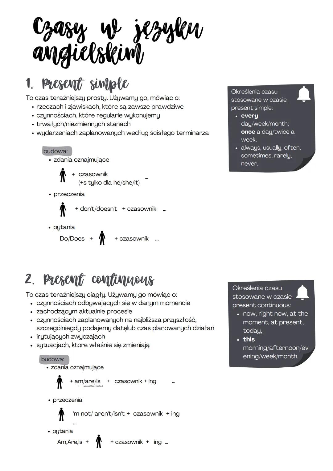 # Czasy w języku
angielskim
1. Present simple
To czas teraźniejszy prosty. Używamy go, mówiąc o:
- rzeczach i zjawiskach, które są zawsze