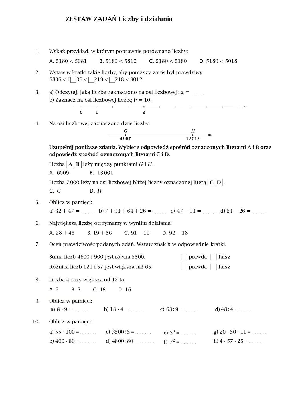 Zestaw zadań matematyka dział 1 klasa 5: liczby i dzialania