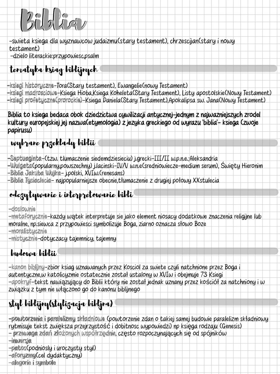 Biblia
-swieta ksiega dla wyznawcow judaizmu (stary testament), chrzescijan(stary i nowy
testament)
-dzielo literackie:przypowiesc,psalm
tem
