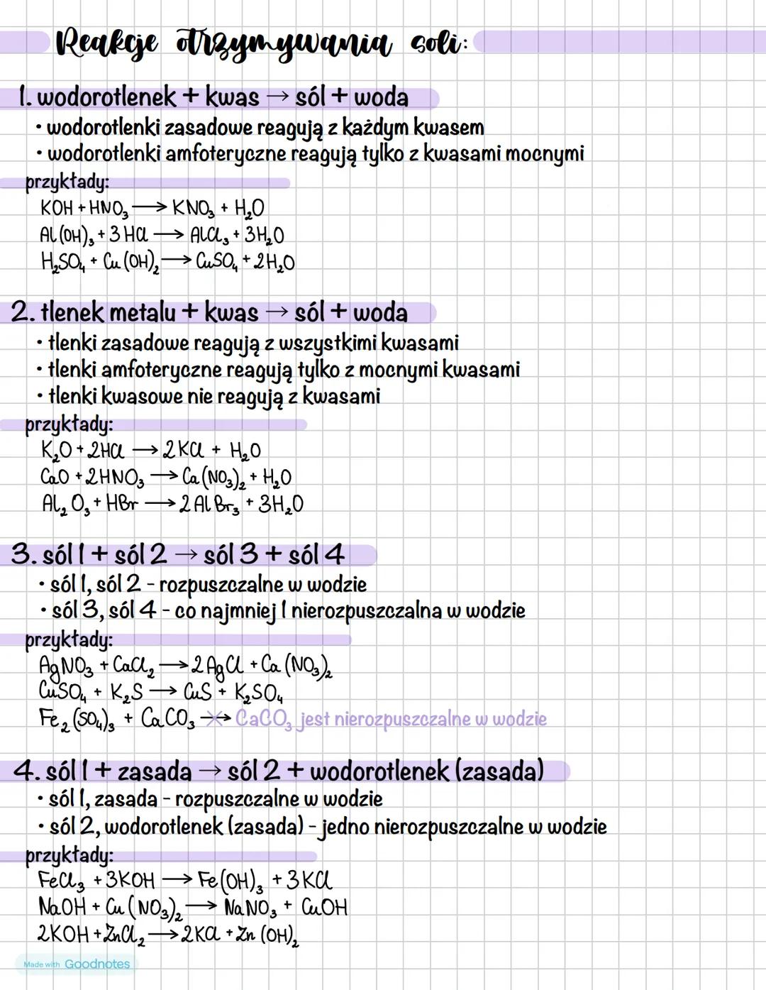 # Reakcje otrzymywania soli:
1. wodorotlenek + kwas→ sól + woda
* wodorotlenki zasadowe reagują z każdym kwasem
* wodorotlenki amfoter