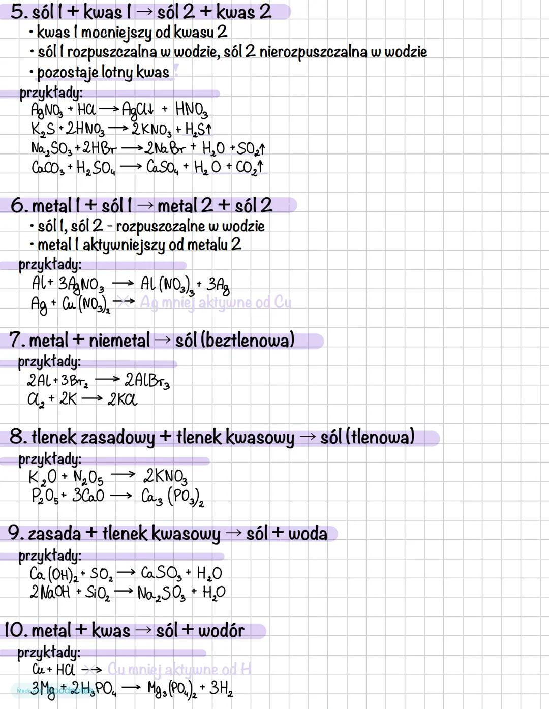# Reakcje otrzymywania soli:
1. wodorotlenek + kwas→ sól + woda
* wodorotlenki zasadowe reagują z każdym kwasem
* wodorotlenki amfoter
