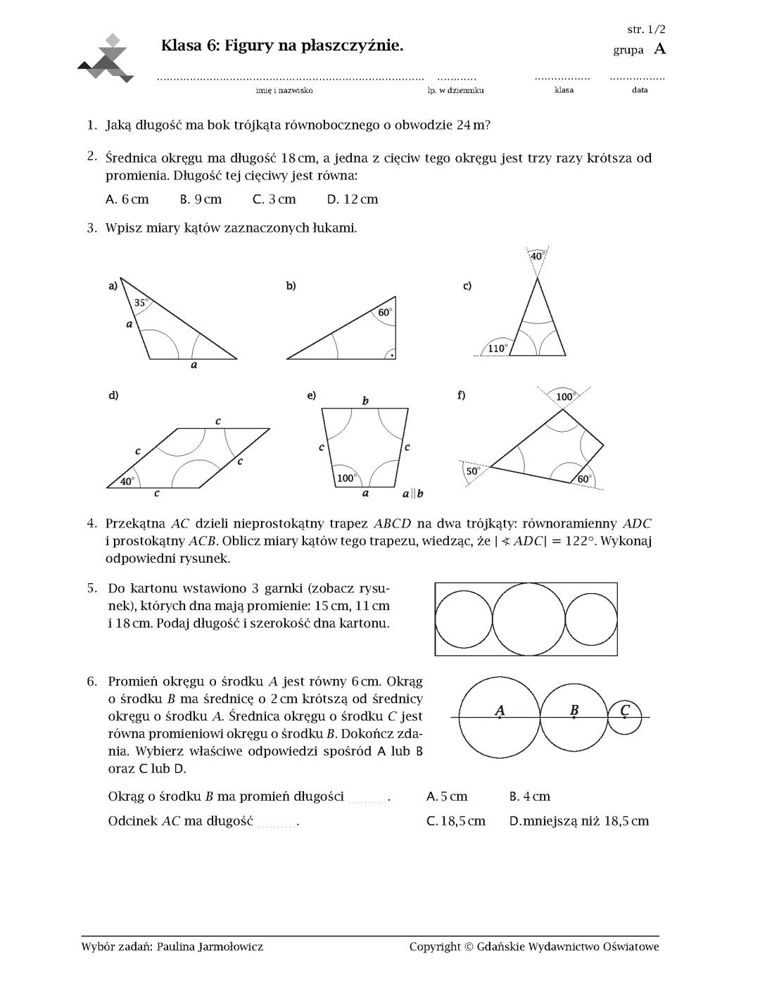 Figury na płaszczyźnie - klasa 6 (sprawdzian)
