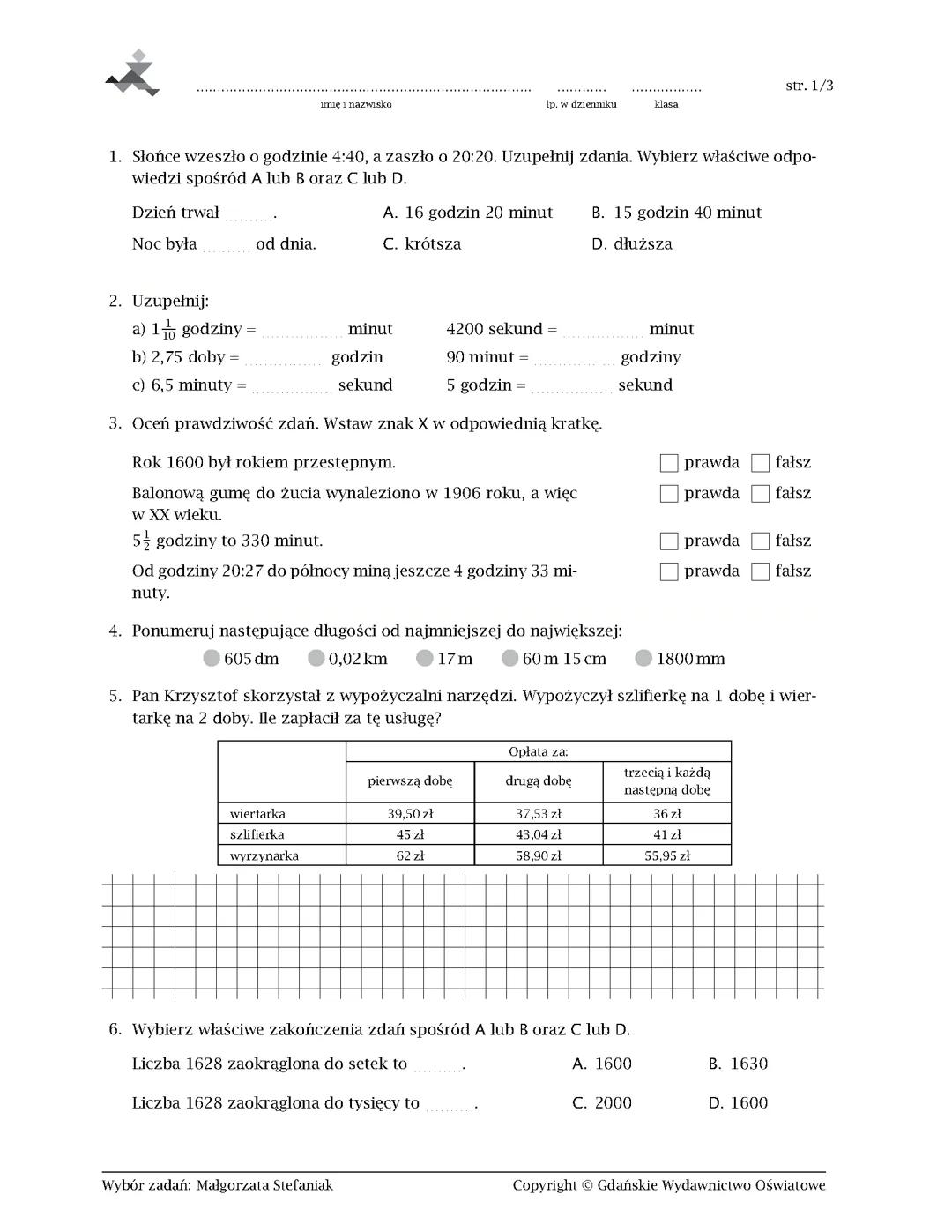 Liczby na co dzień - klasa 6 (sprawdzian)