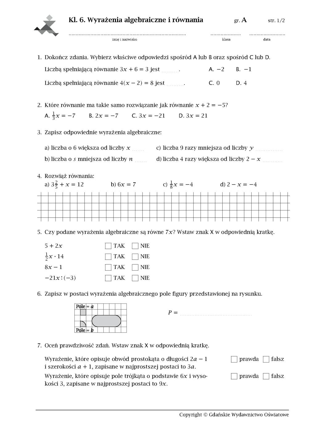 Wyrażenia algebraiczne i równania - klasa 6 (sprawdzian)