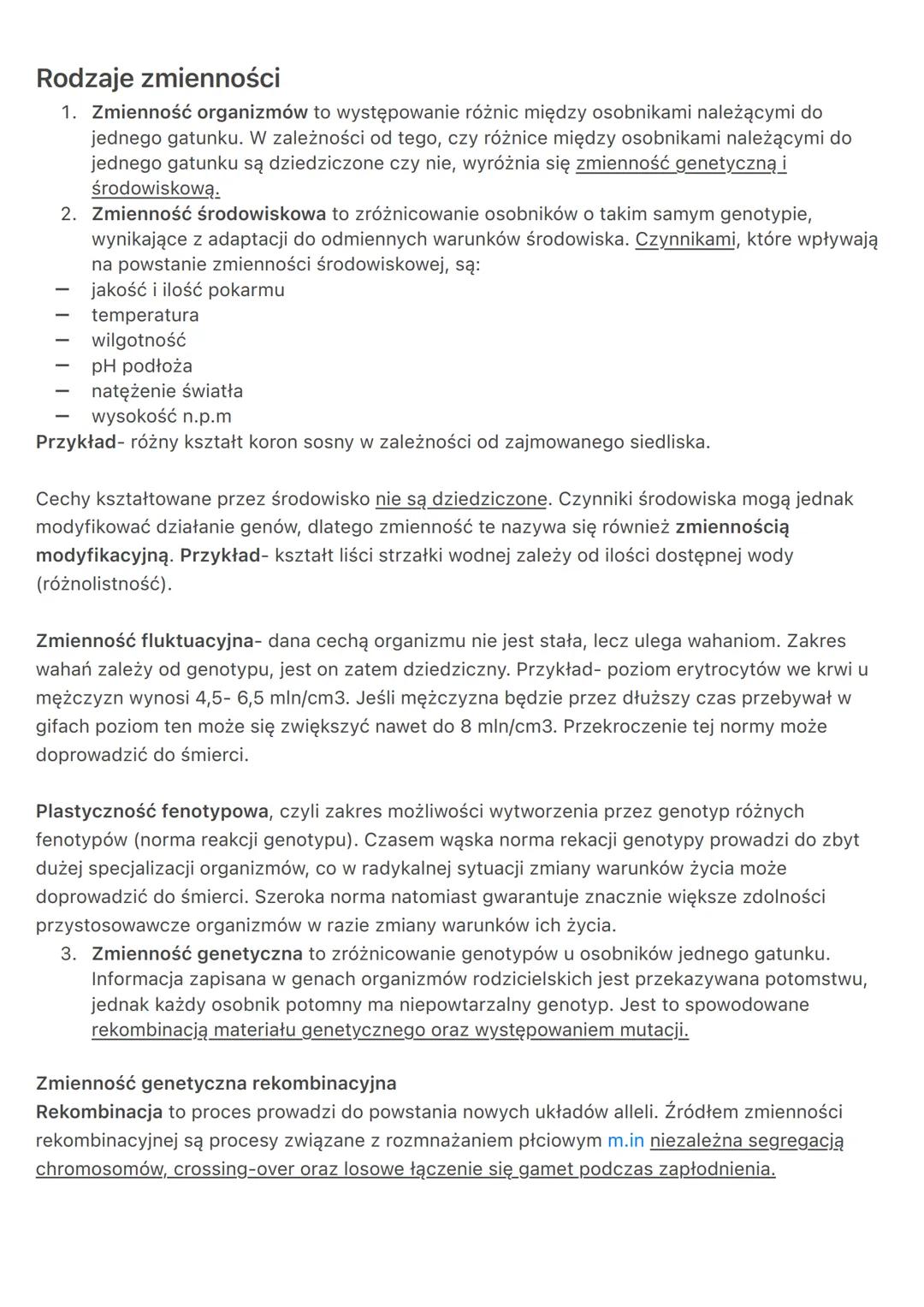 Rodzaje zmienności
1. Zmienność organizmów to występowanie różnic między osobnikami należącymi do
jednego gatunku. W zależności od tego, czy