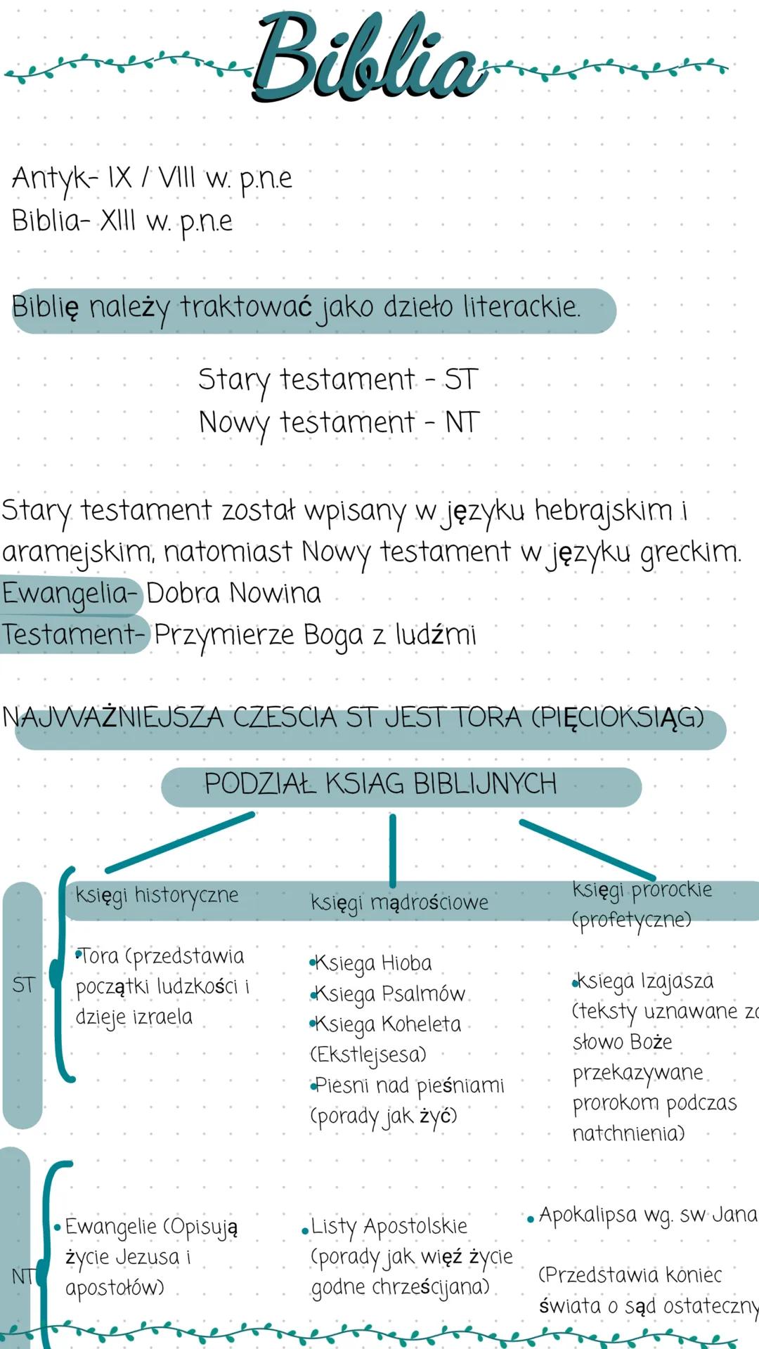 Biblia
Antyk- IX / VIII w. p.ne
Biblia-XIII w. p.n.e
Biblię należy traktować jako dzieło literackie.
Stary testament - ST
Nowy testament - N