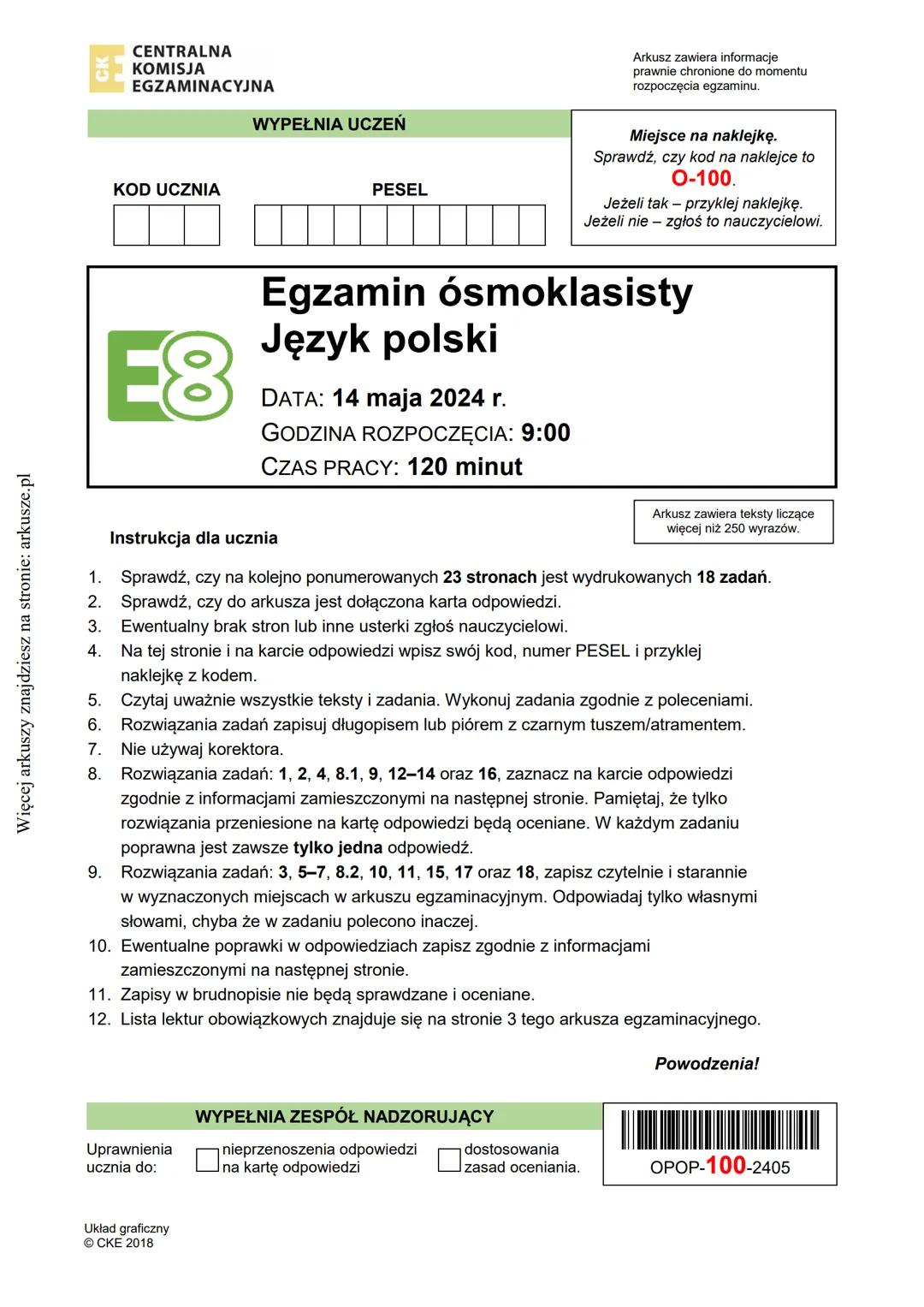 Więcej arkuszy znajdziesz na stronie: arkusze.pl
CENTRALNA
KOMISJA
EGZAMINACYJNA
WYPEŁNIA UCZEŃ
KOD UCZNIA
PESEL
Arkusz zawiera informa