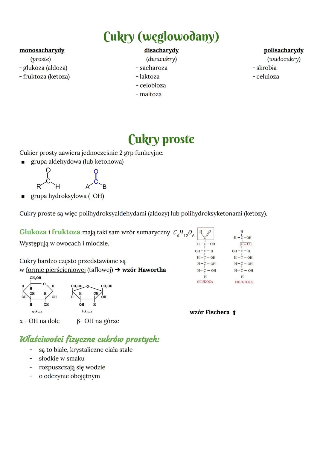 monosacharydy
(proste)
- glukoza (aldoza)
-fruktoza (ketoza)
Cukry (węglowodany)
disacharydy
(dwucukry)
- sacharoza
- laktoza
- celobioza
-