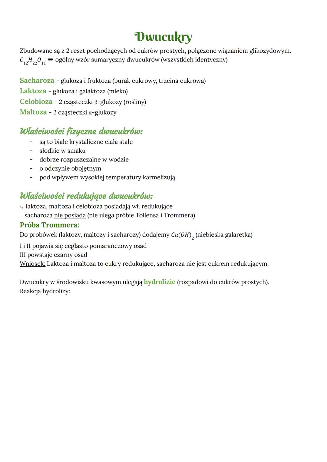 monosacharydy
(proste)
- glukoza (aldoza)
-fruktoza (ketoza)
Cukry (węglowodany)
disacharydy
(dwucukry)
- sacharoza
- laktoza
- celobioza
-