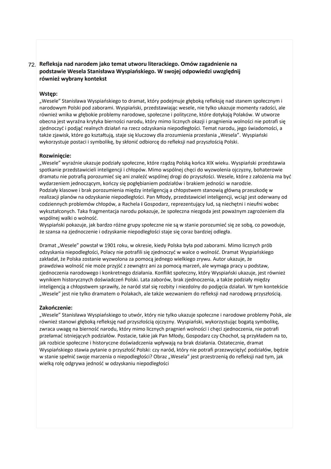 74. Jaką ocenę dziejów Polski zawiera literatura? Omów zagadnienie na podstawie Wesela Stanisława
Wyspiańskiego. W swojej odpowiedzi uwzględ