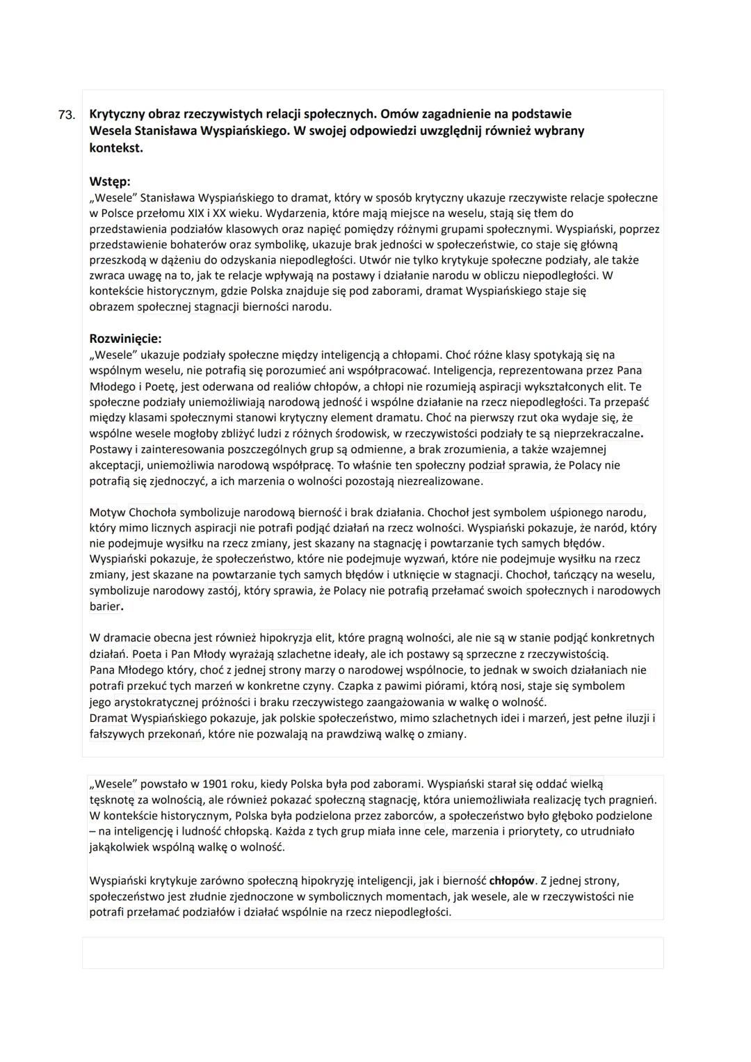 74. Jaką ocenę dziejów Polski zawiera literatura? Omów zagadnienie na podstawie Wesela Stanisława
Wyspiańskiego. W swojej odpowiedzi uwzględ