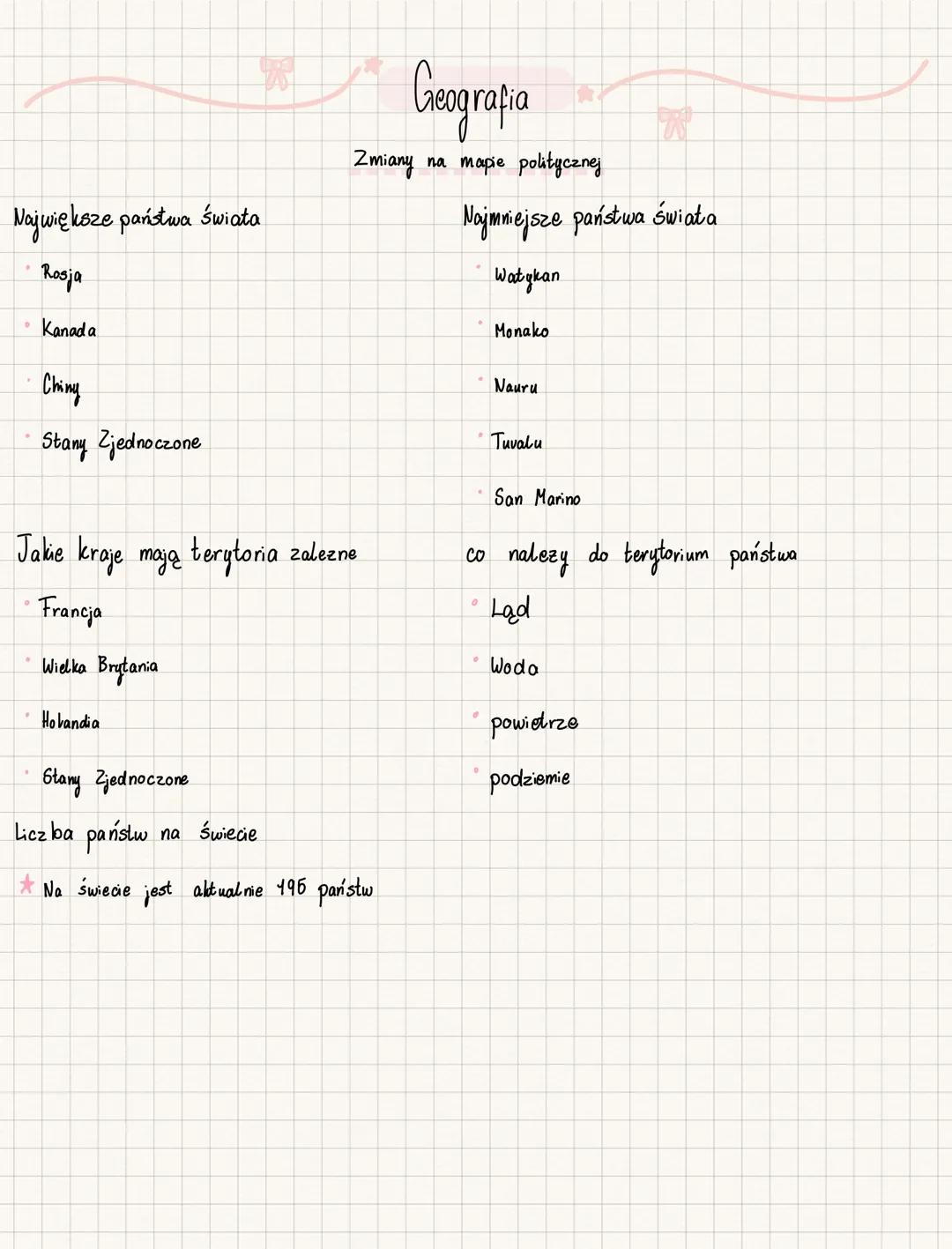 # Geografia
Zmiany na mapie politycznej
Największe państwa świata
* Rosja
* Kanada
* Ching
* Stany Zjednoczone
Najmniejsze państwa świata