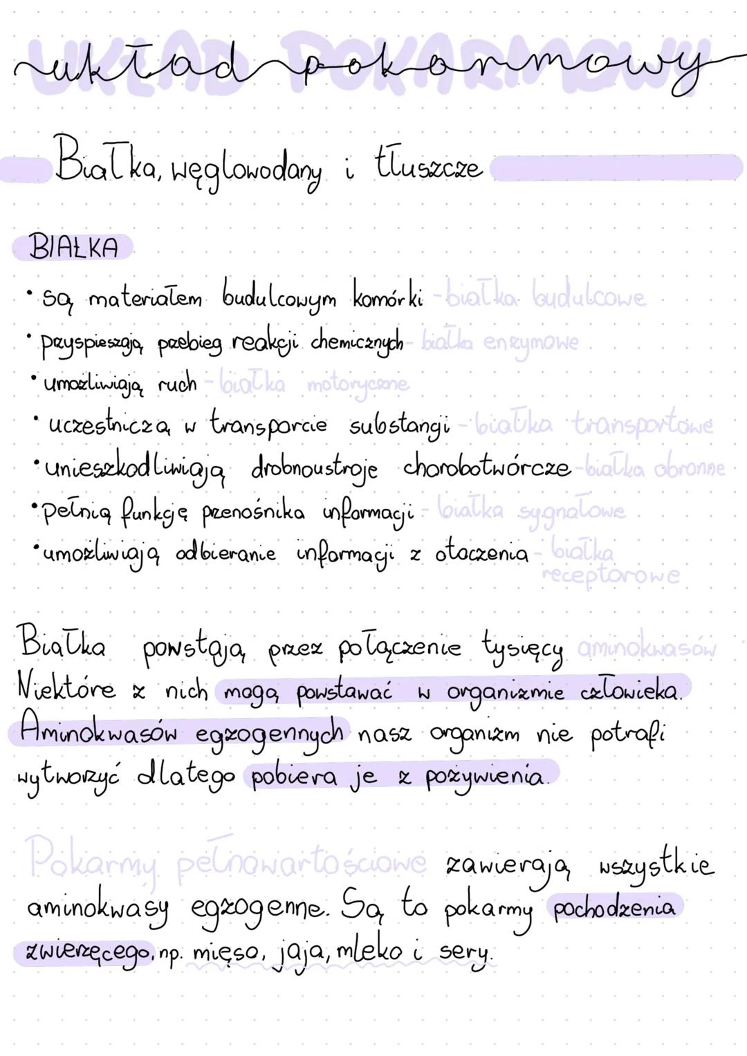 raktad pokarmowy
Białka, węglowodany i tłuszcze
BIAŁKA
• są materiałem budulcowym komórki - białka: budulcowe
•
Payspieszają przebieg reakcj